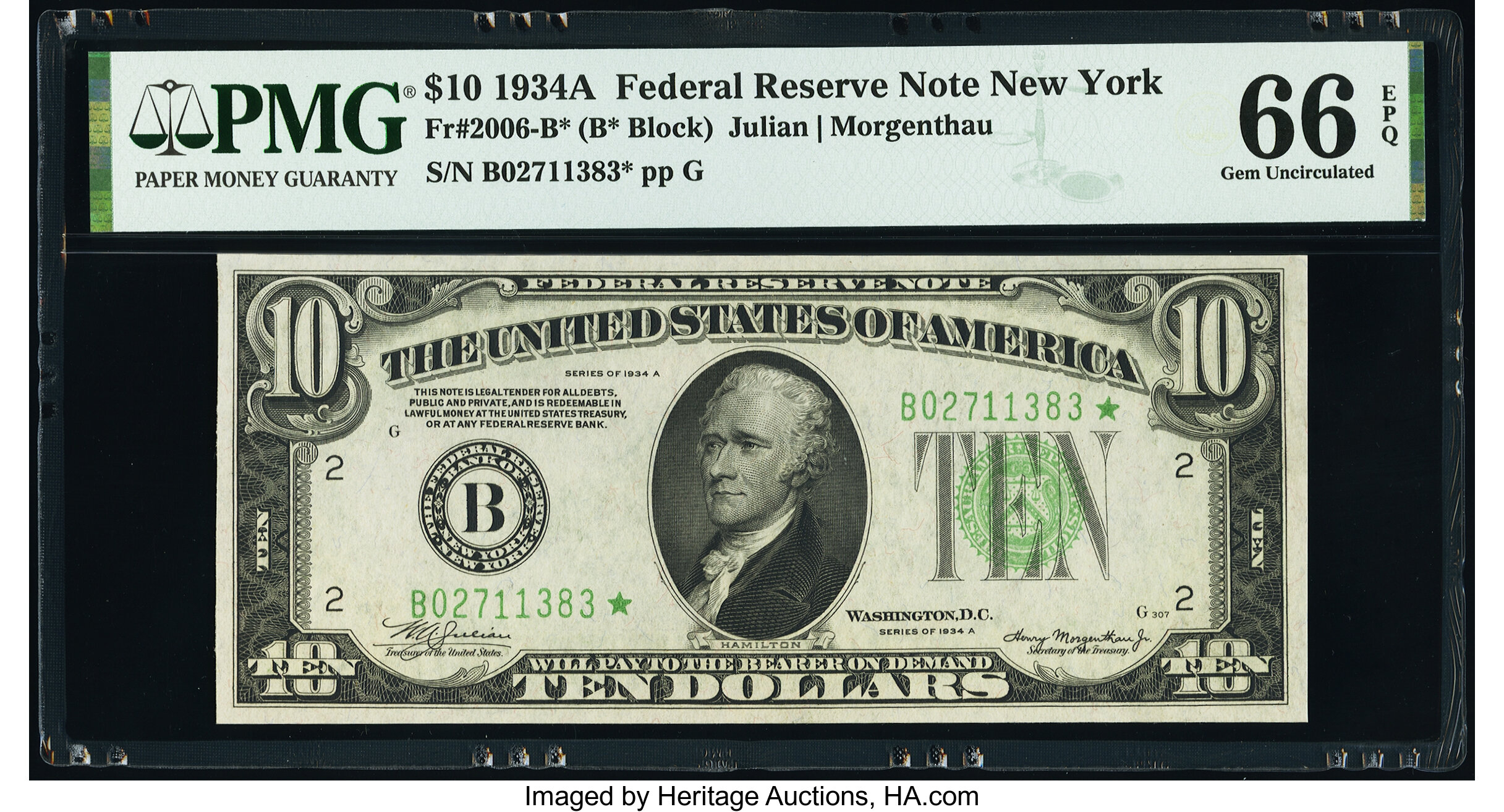 image for: Fr. 2006-B* $10 1934A Federal Reserve Star Note. PMG Gem Uncirculated 66 EPQ....