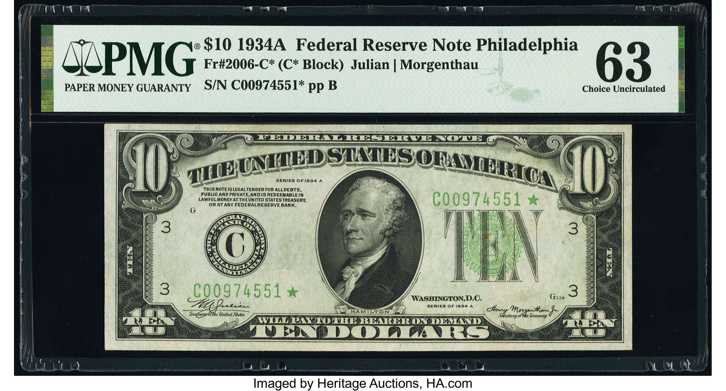 image for: Fr. 2006-C* $10 1934A Federal Reserve Star Note. PMG Choice Uncirculated 63....