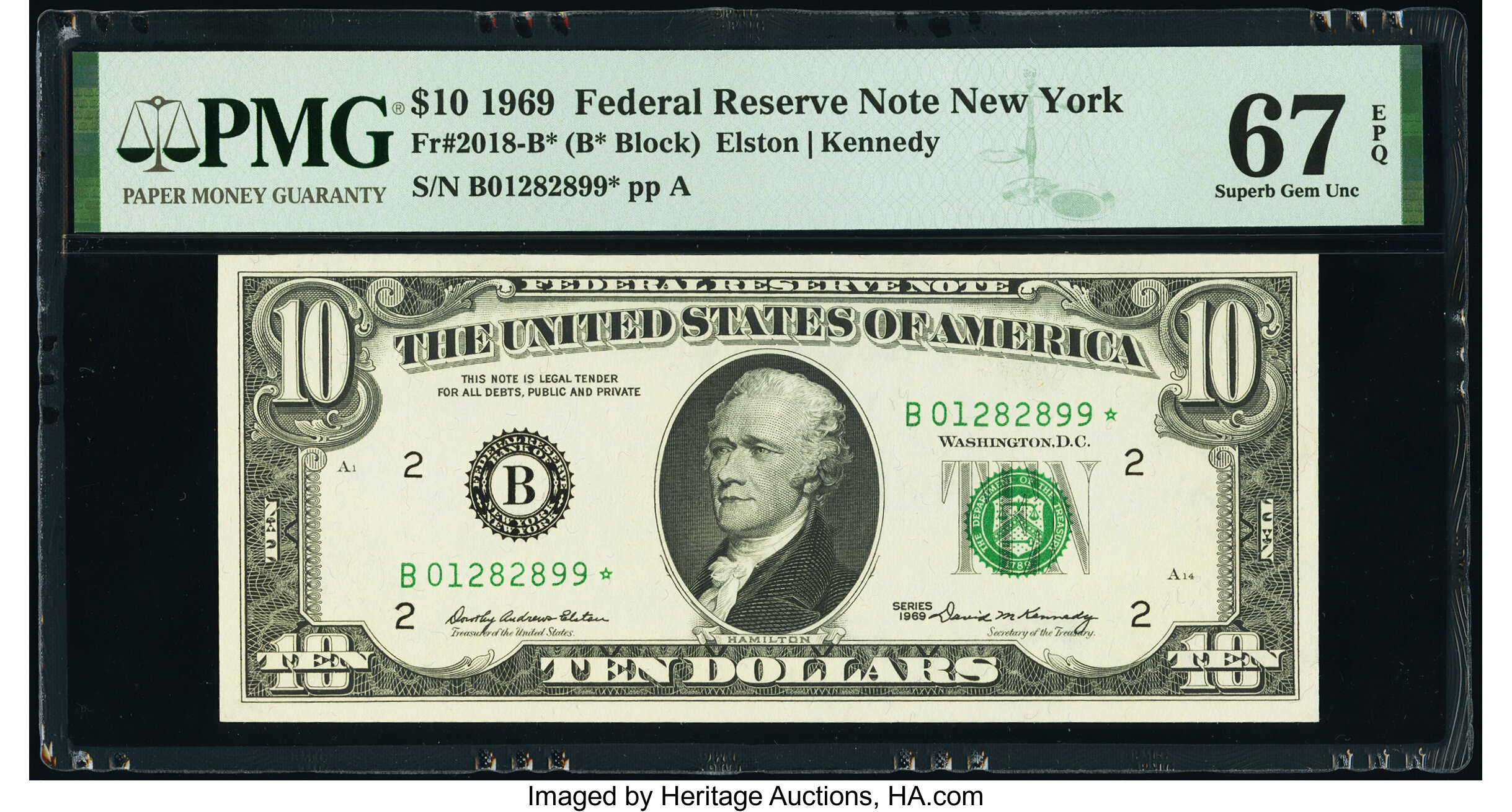 image for: Fr. 2018-B* $10 1969 Federal Reserve Star Note. PMG Superb Gem Unc 67 EPQ....