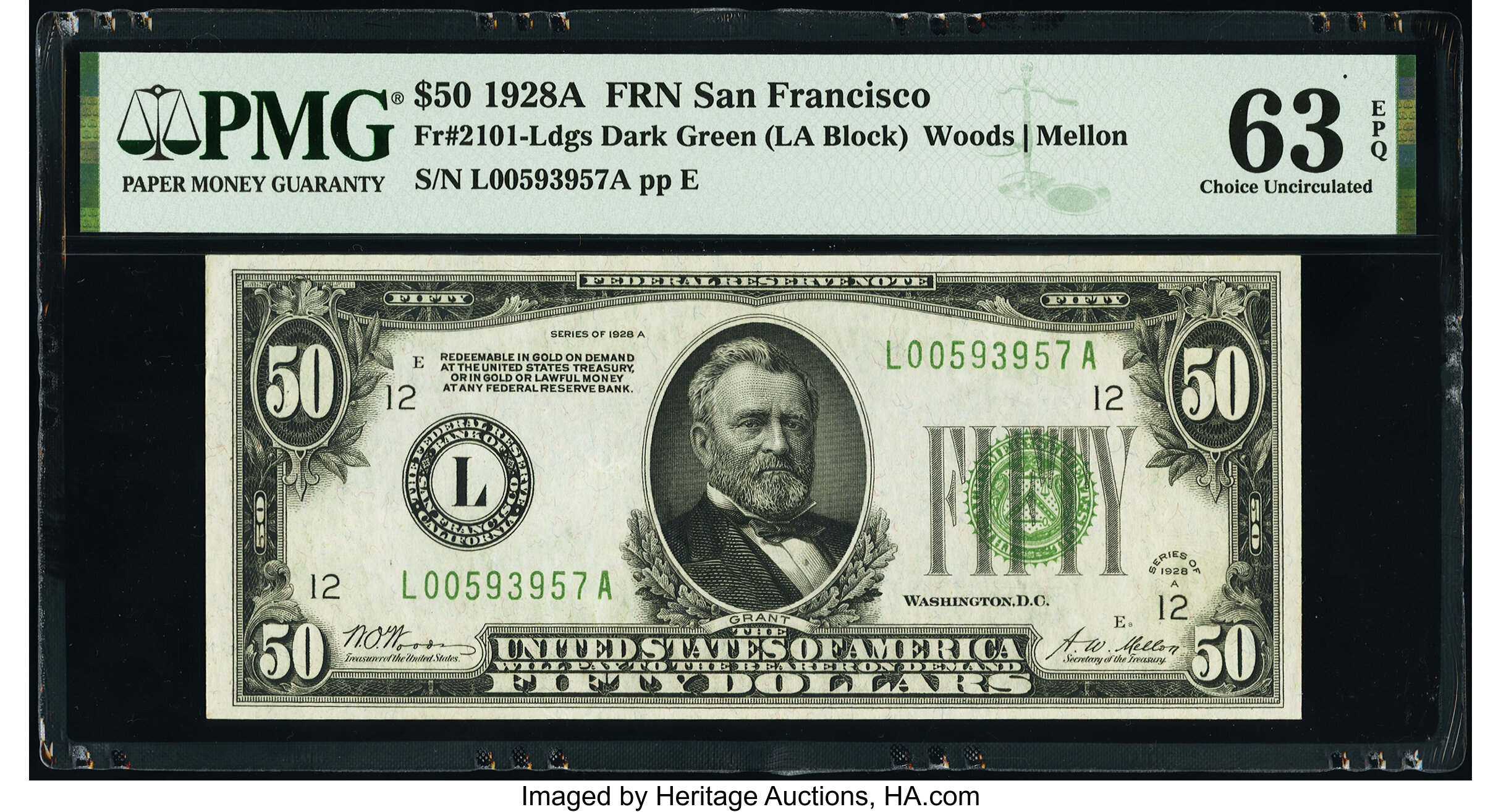 image for: Fr. 2101-L $50 1928A Dark Green Seal Federal Reserve Note. PMG Choice Uncirculated 63 EPQ....