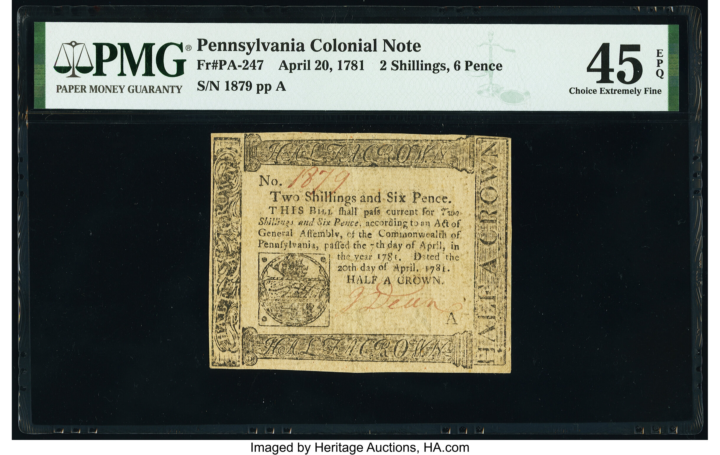 image for: Pennsylvania April 20, 1781 2s 6d PMG Choice Extremely Fine 45 EPQ....