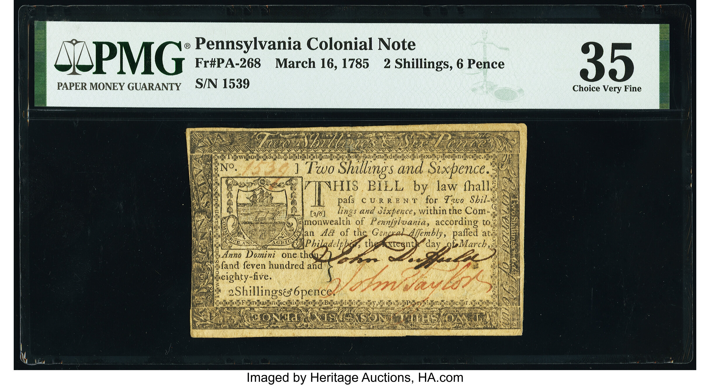 image for: Pennsylvania March 16, 1785 2s 6d PMG Choice Very Fine 35....