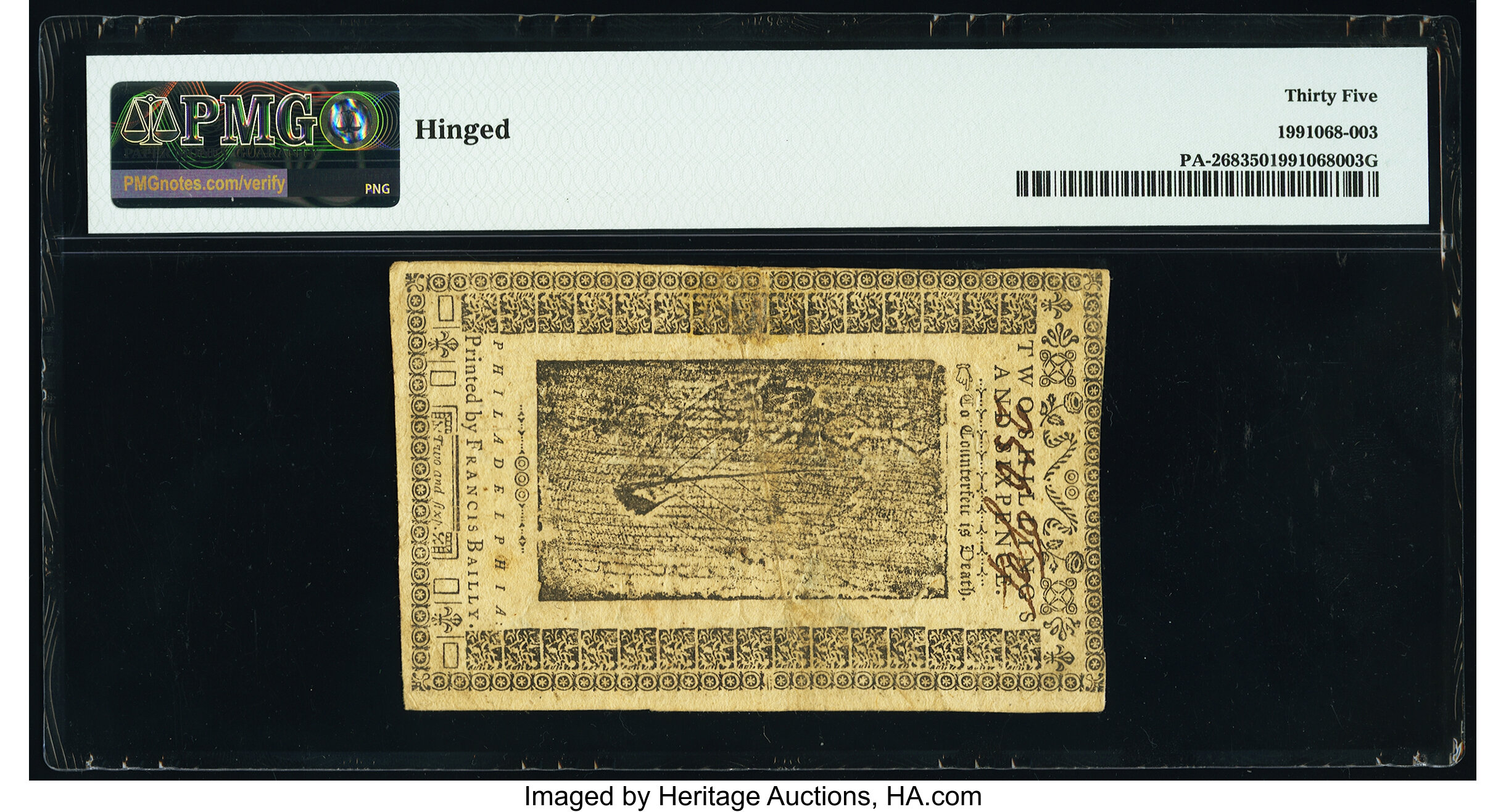image for: Pennsylvania March 16, 1785 2s 6d PMG Choice Very Fine 35....