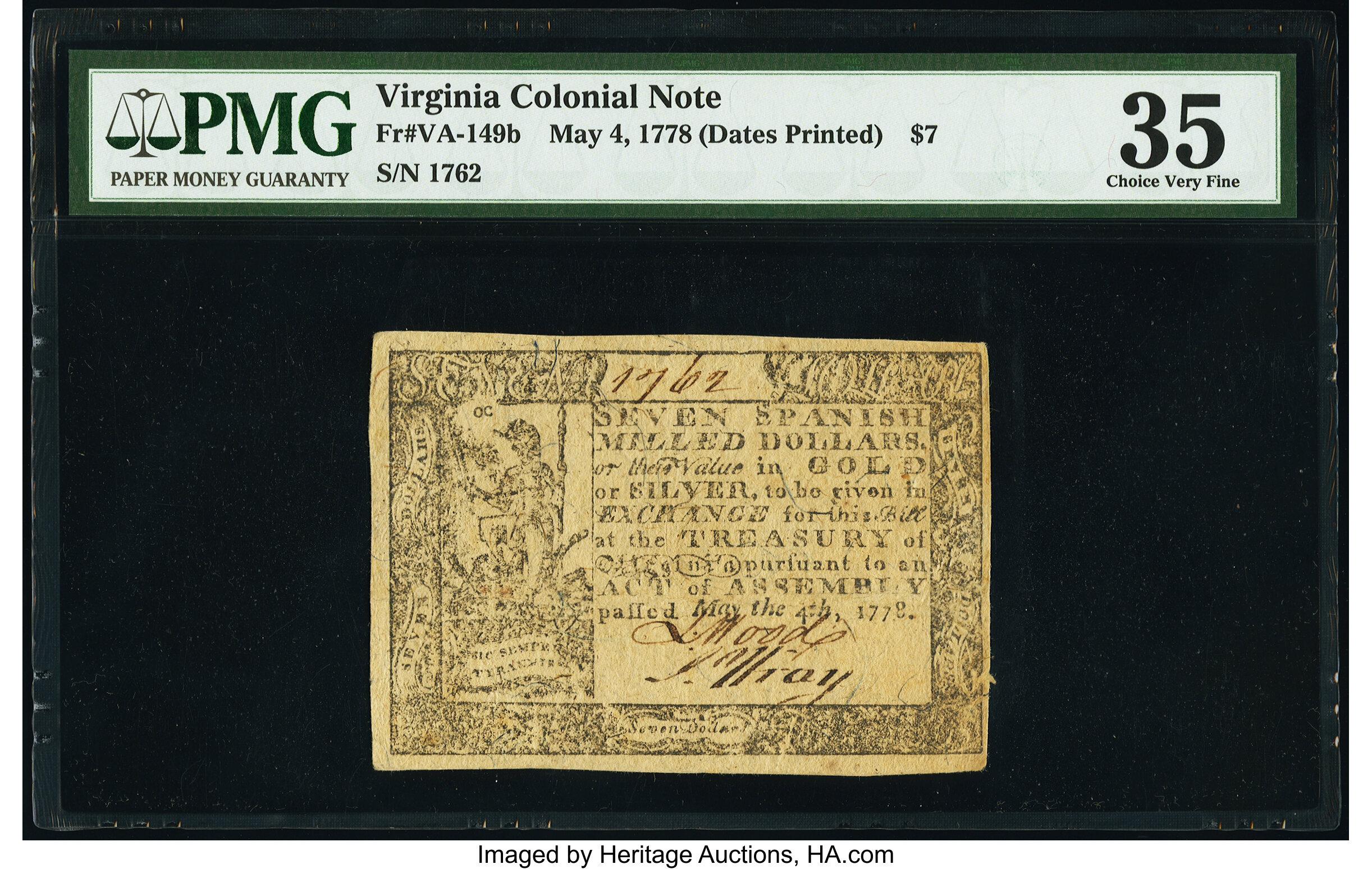 image for: Virginia May 4, 1778 (Dates Printed) $7 PMG Choice Very Fine 35....