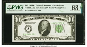 image for: Fr. 2002-A $10 1928B Dark Green Seal Federal Reserve Note. PMG Choice Uncirculated 63 EPQ....