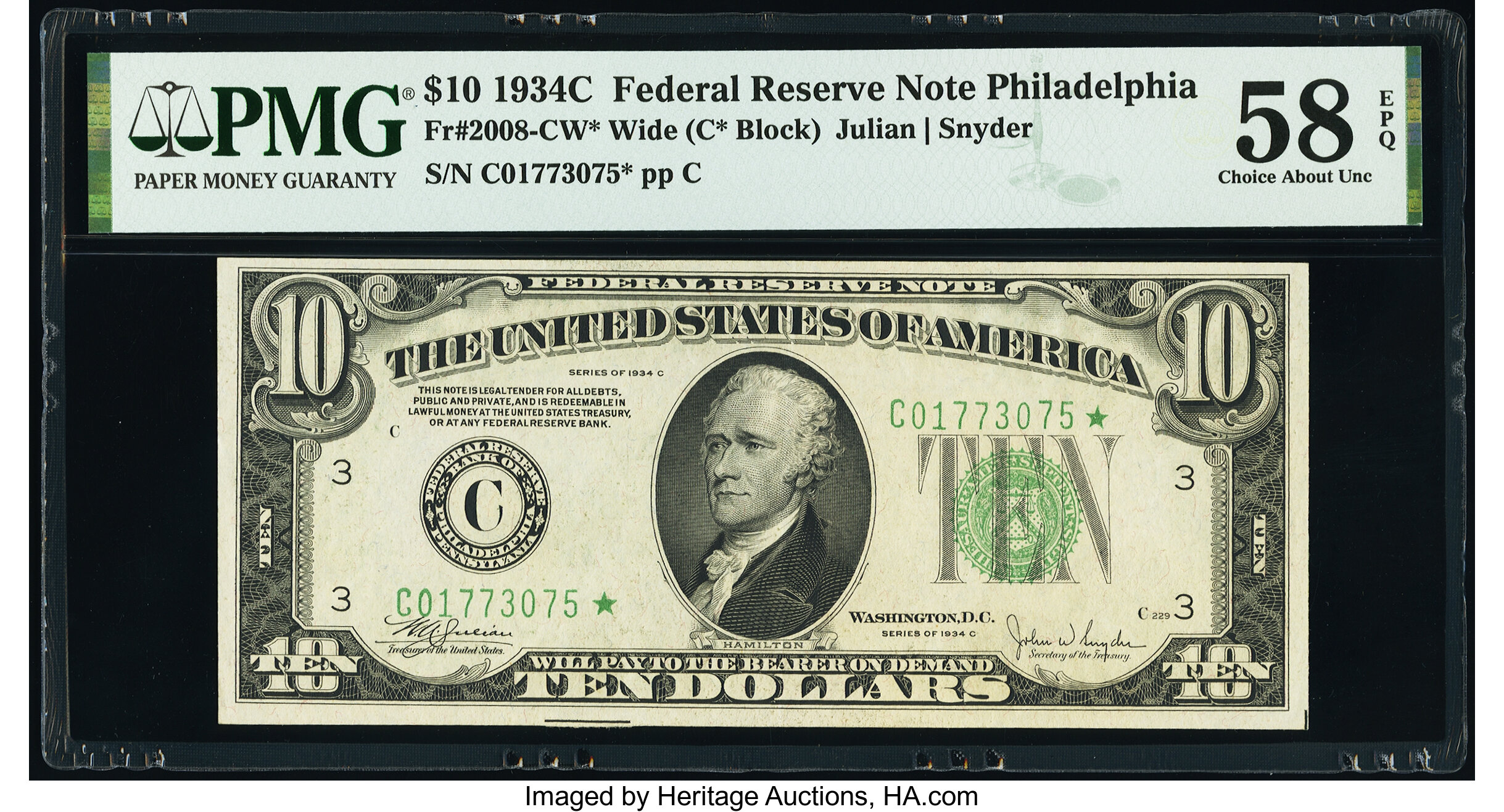 image for: Fr. 2008-C* $10 1934C Wide Federal Reserve Star Note. PMG Choice About Unc 58 EPQ....