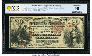 image for: Maysville, KY - $20 1882 Brown Back Fr. 493 The State National Bank Ch. # 2663 PCGS Banknote Very Fine 30....