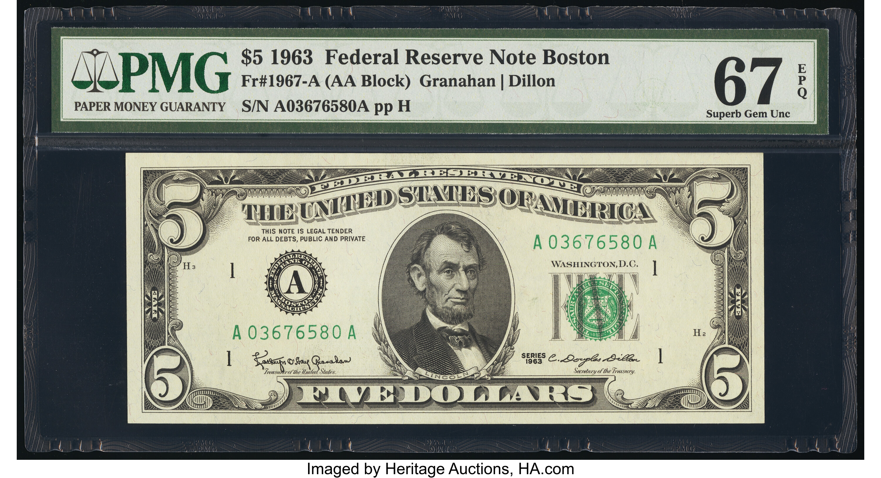 image for: Fr. 1967-A $5 1963 Federal Reserve Note. PMG Superb Gem Unc 67 EPQ....
