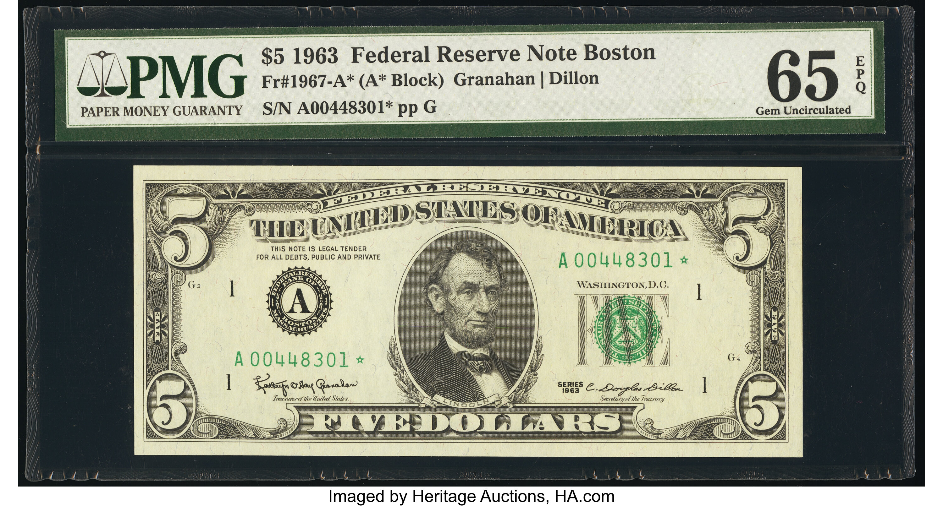 image for: Fr. 1967-A* $5 1963 Federal Reserve Star Note. PMG Gem Uncirculated 65 EPQ....