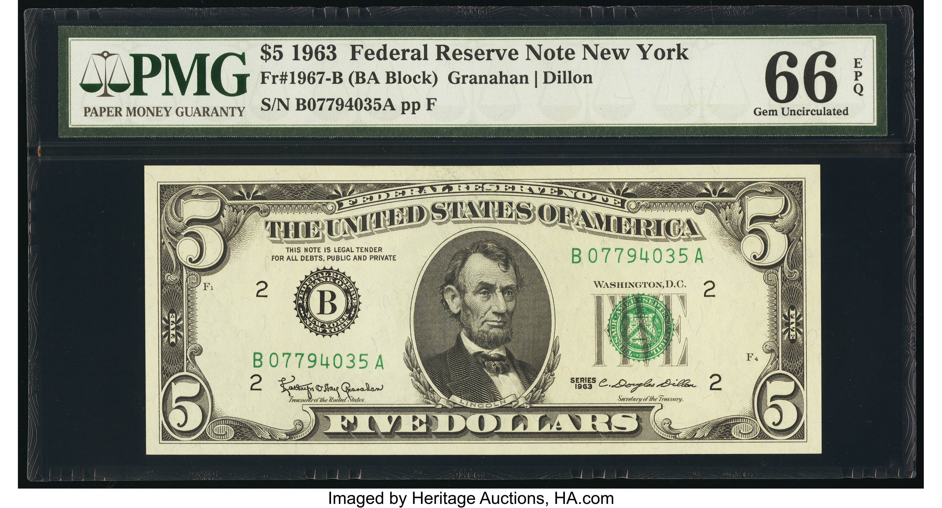 image for: Fr. 1967-B $5 1963 Federal Reserve Note. PMG Gem Uncirculated 66 EPQ....