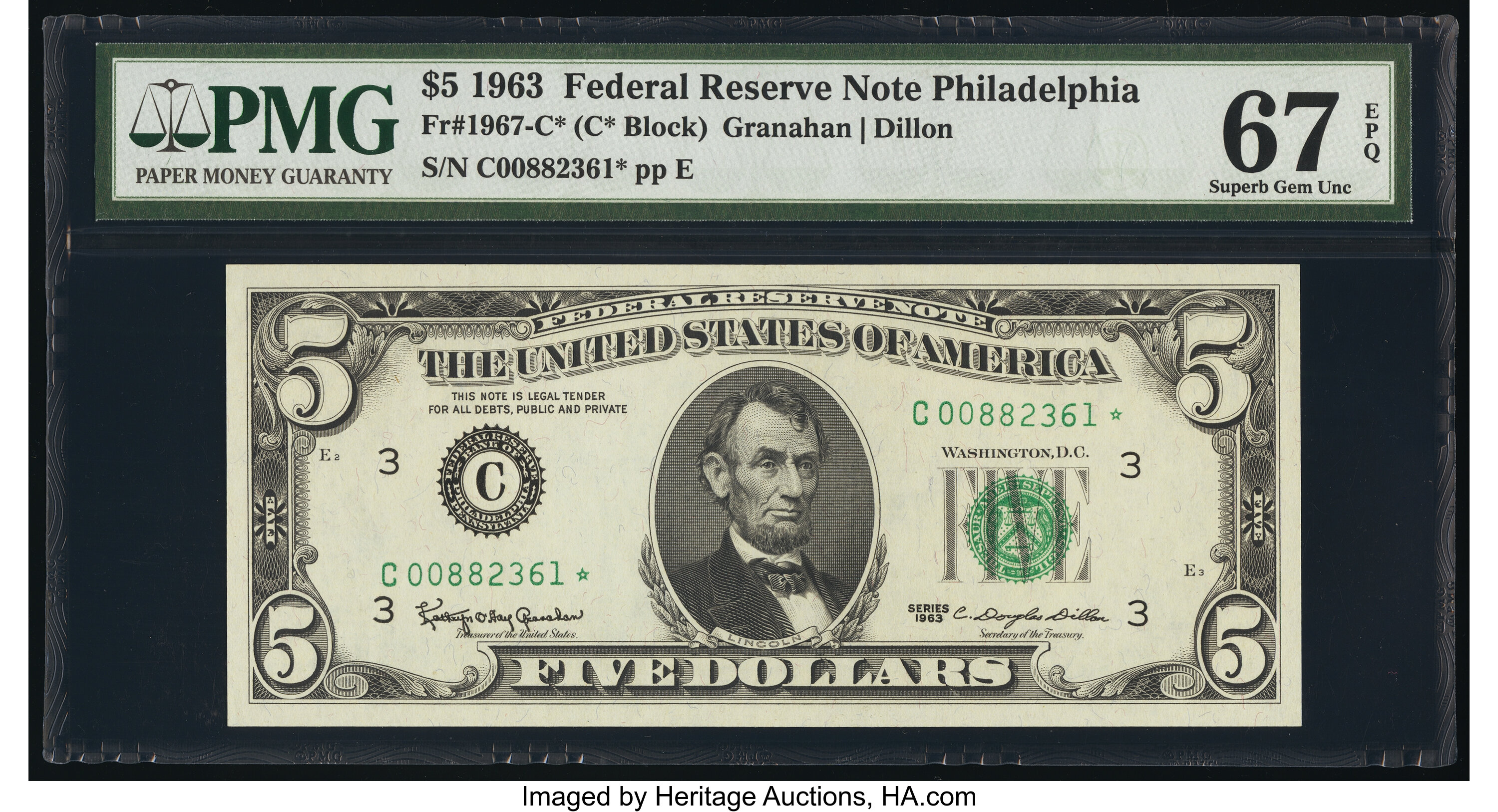 image for: Fr. 1967-C* $5 1963 Federal Reserve Star Note. PMG Superb Gem Unc 67 EPQ....