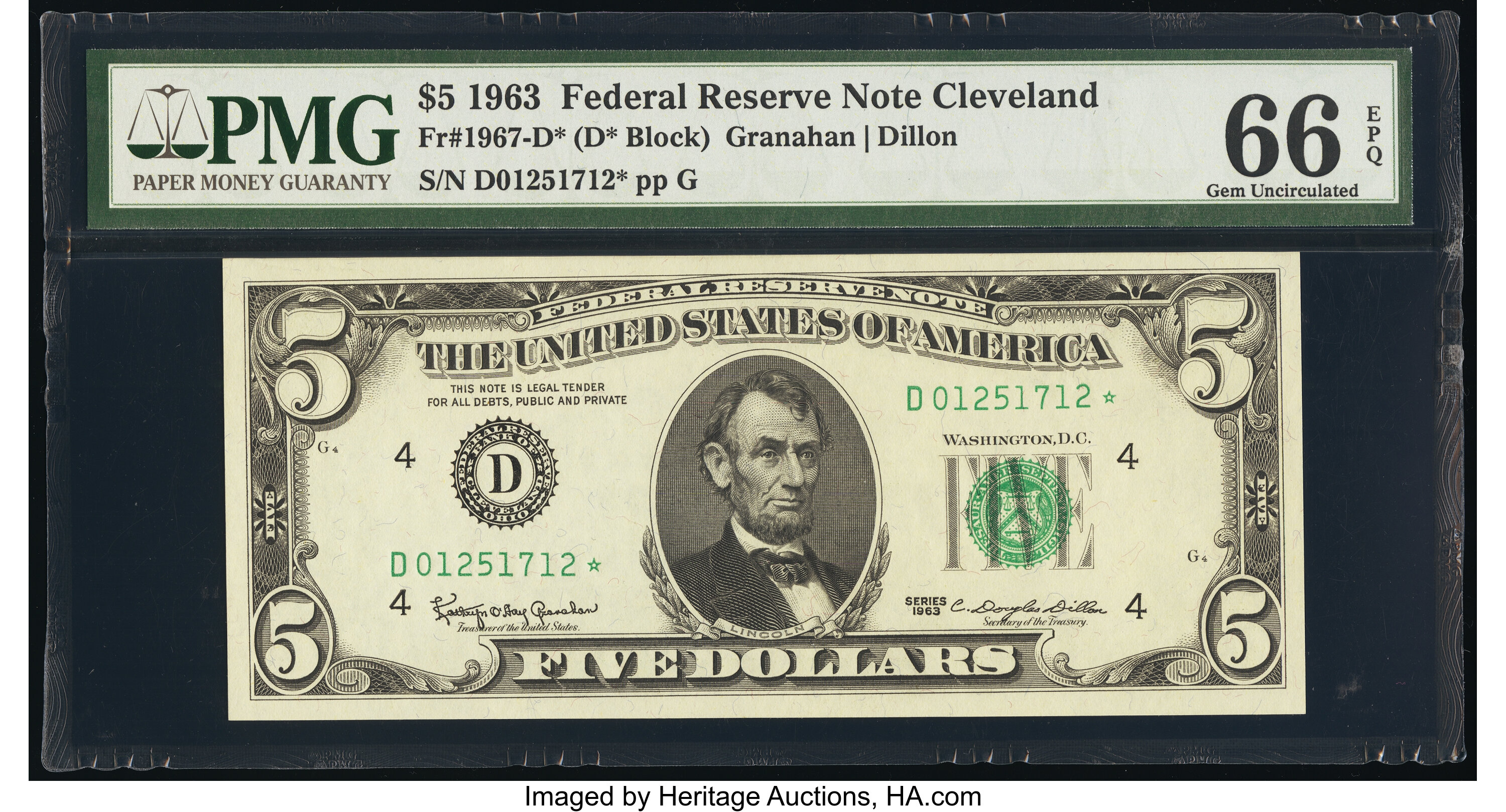 image for: Fr. 1967-D* $5 1963 Federal Reserve Star Note. PMG Gem Uncirculated 66 EPQ....