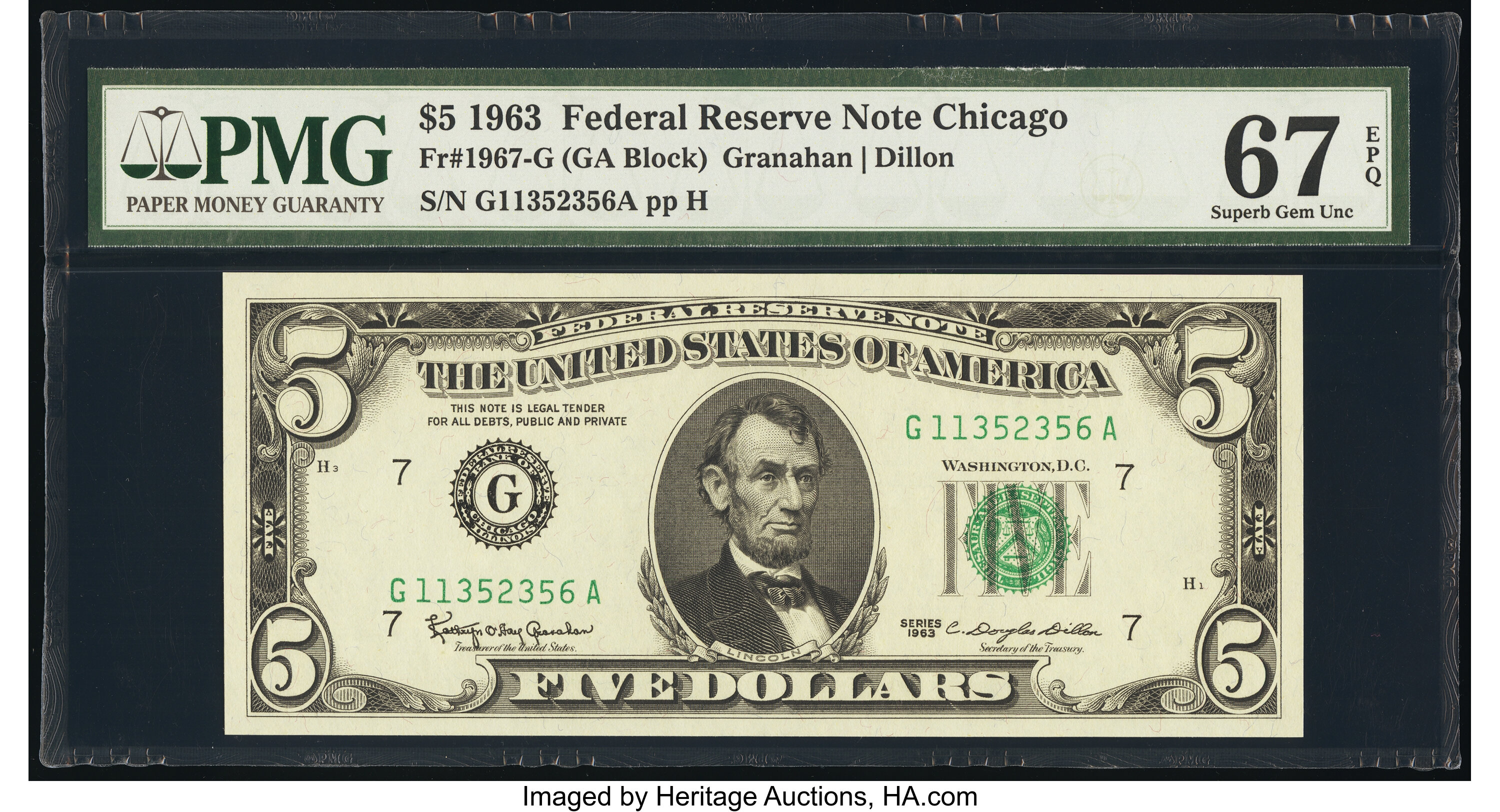 image for: Fr. 1967-G $5 1963 Federal Reserve Note. PMG Superb Gem Unc 67 EPQ....