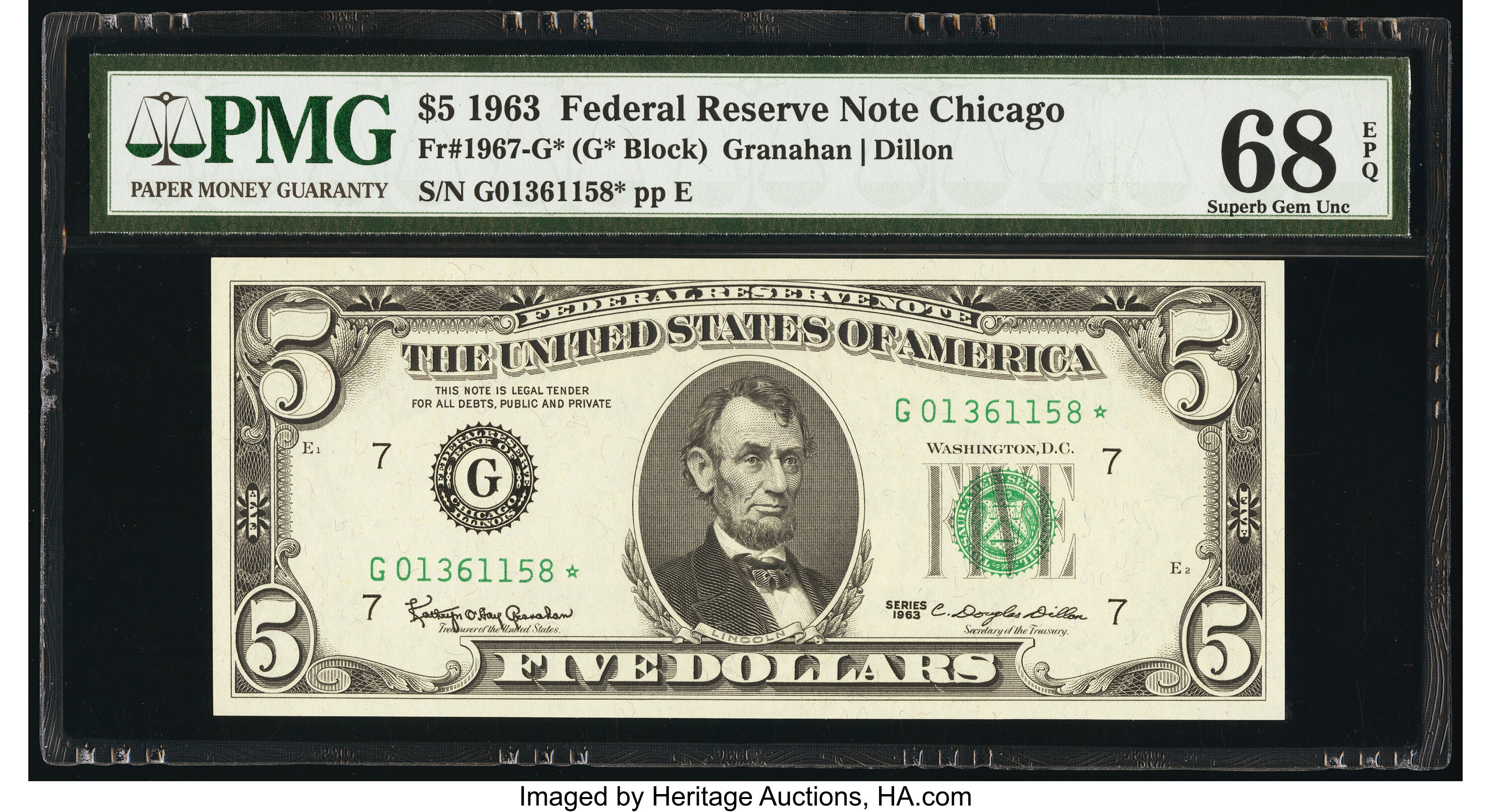 image for: Fr. 1967-G* $5 1963 Federal Reserve Star Note. PMG Superb Gem Unc 68 EPQ....
