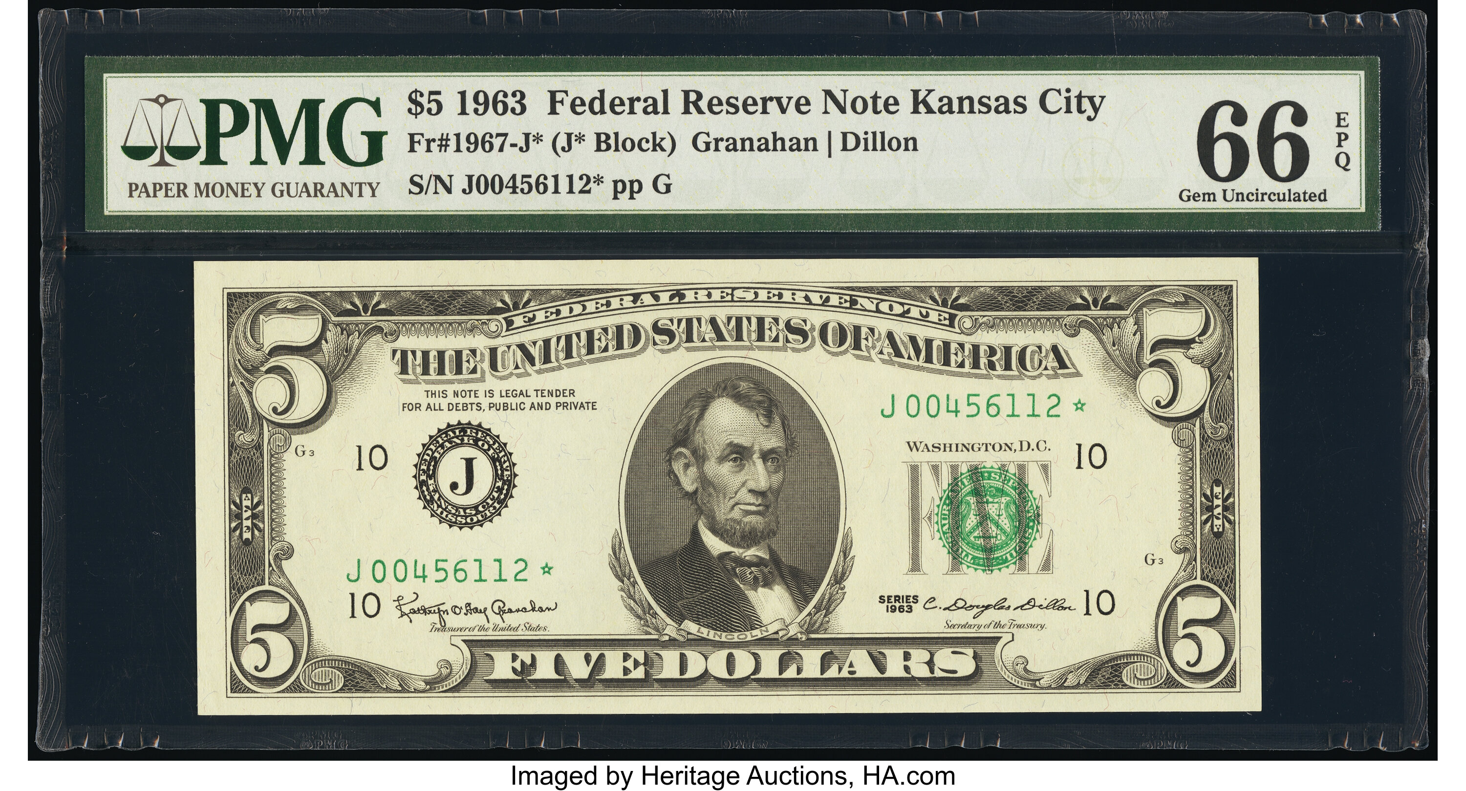 image for: Fr. 1967-J* $5 1963 Federal Reserve Star Note. PMG Gem Uncirculated 66 EPQ....
