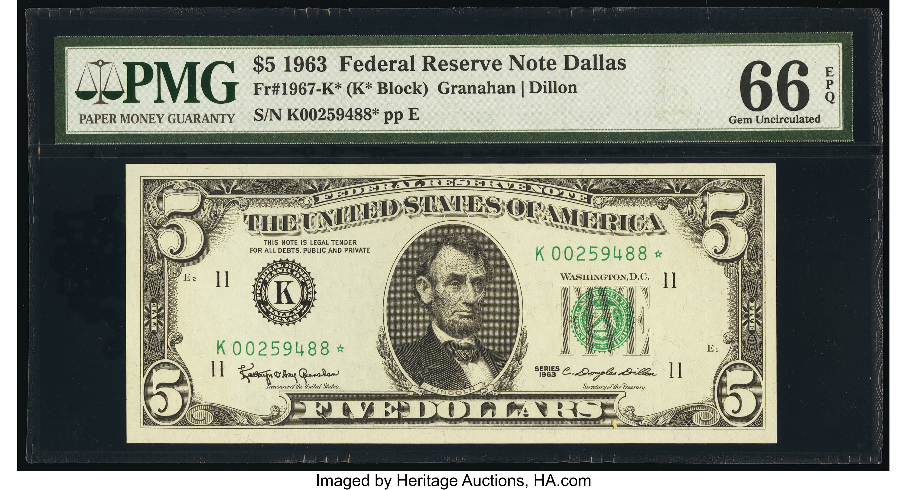 image for: Fr. 1967-K* $5 1963 Federal Reserve Star Note. PMG Gem Uncirculated 66 EPQ....
