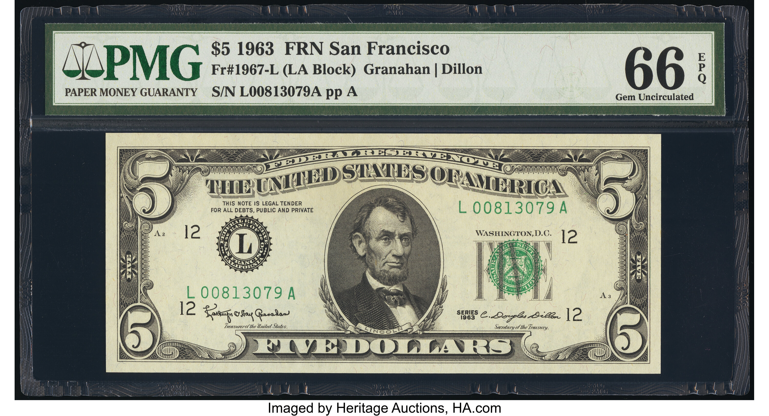 image for: Fr. 1967-L $5 1963 Federal Reserve Note. PMG Gem Uncirculated 66 EPQ....