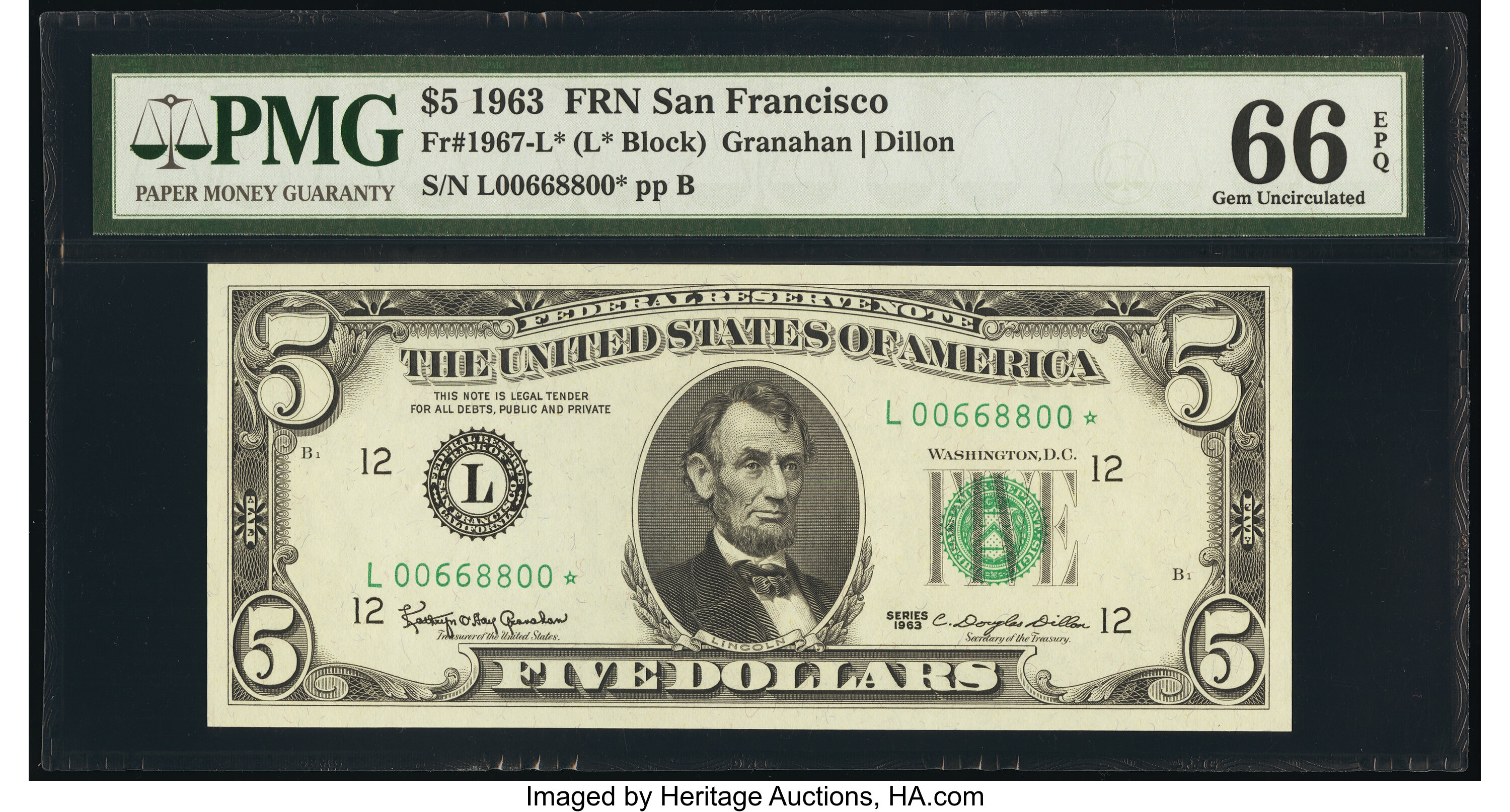 image for: Fr. 1967-L* $5 1963 Federal Reserve Note. PMG Gem Uncirculated 66 EPQ....