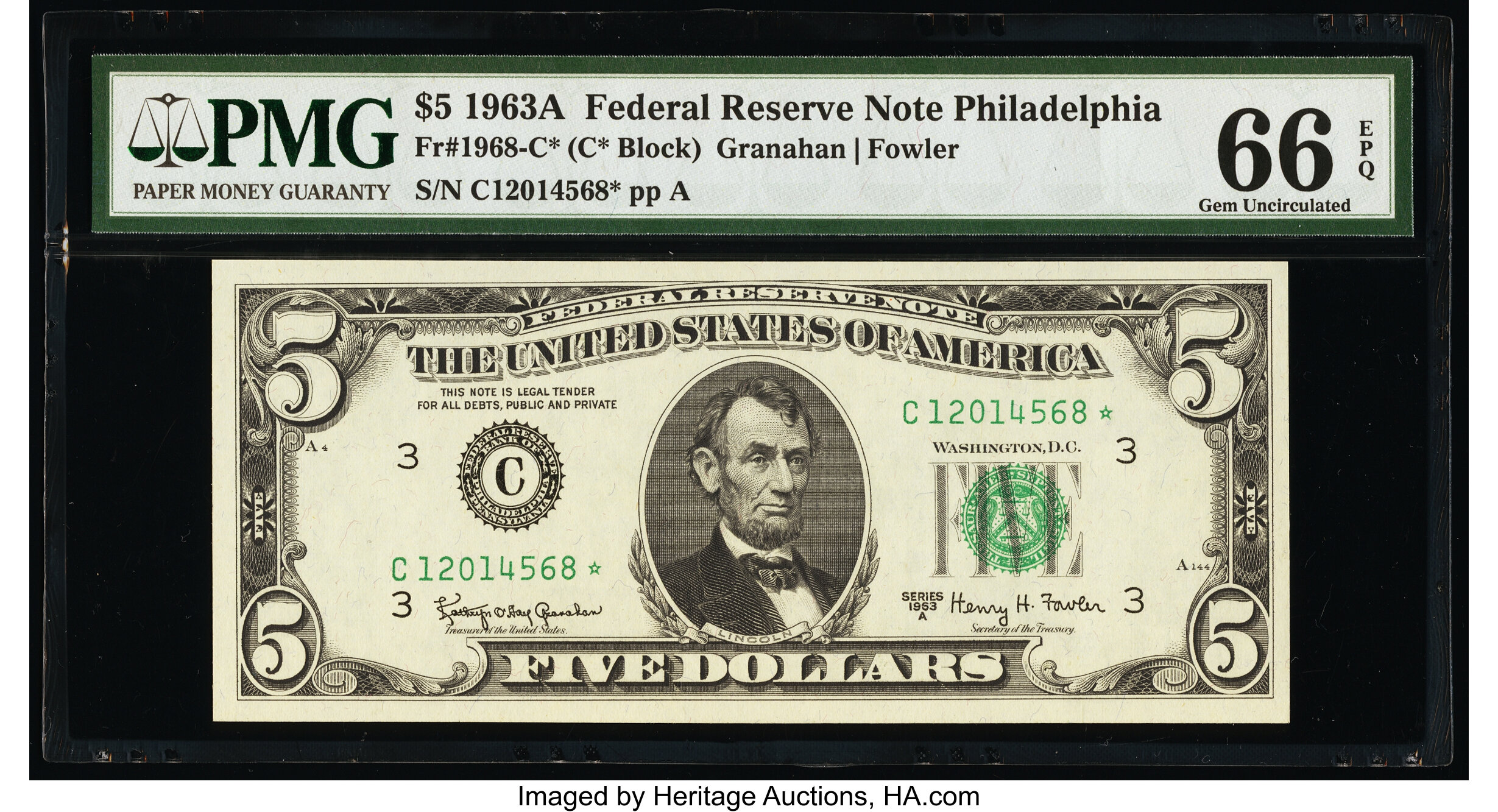 image for: Fr. 1968-C* $5 1963A Federal Reserve Star Note. PMG Gem Uncirculated 66 EPQ....