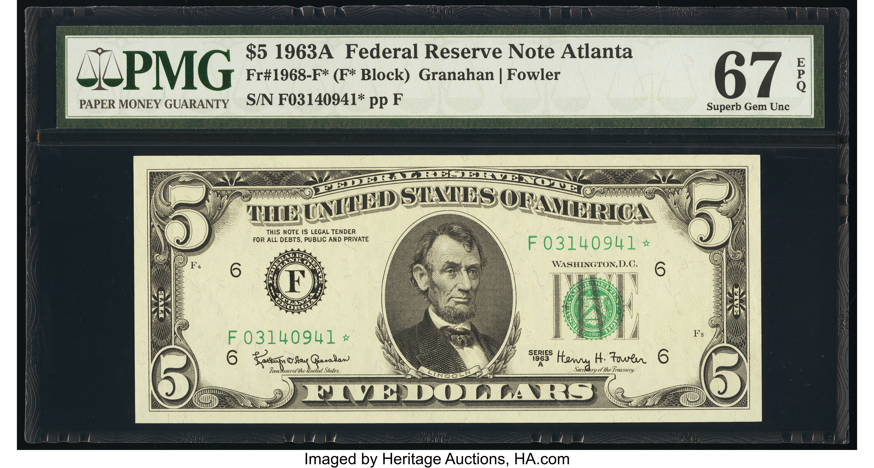 image for: Fr. 1968-F* $5 1963A Federal Reserve Star Note. PMG Superb Gem Unc 67 EPQ....