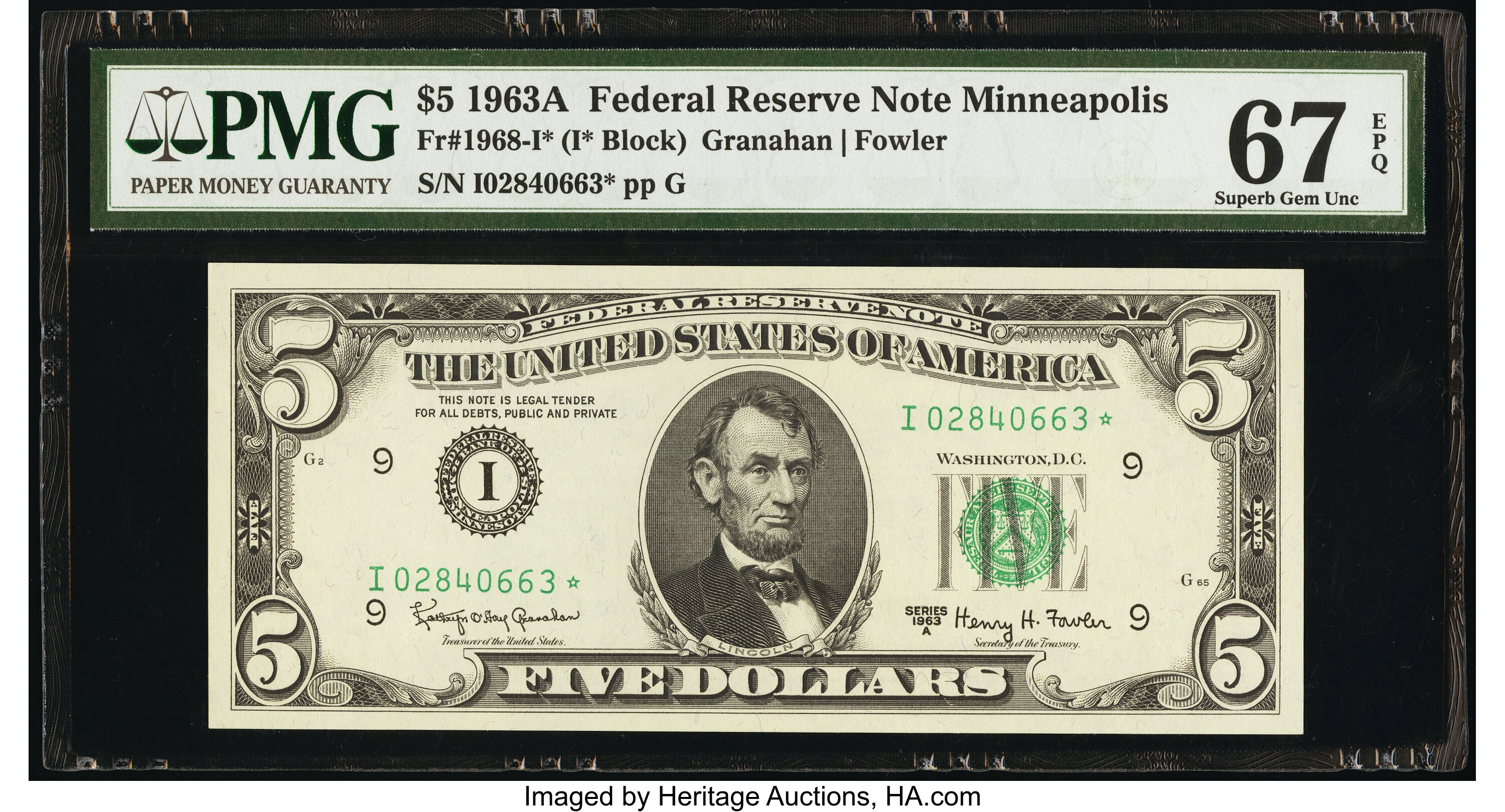 image for: Fr. 1968-I* $5 1963A Federal Reserve Star Note. PMG Superb Gem Unc 67 EPQ....