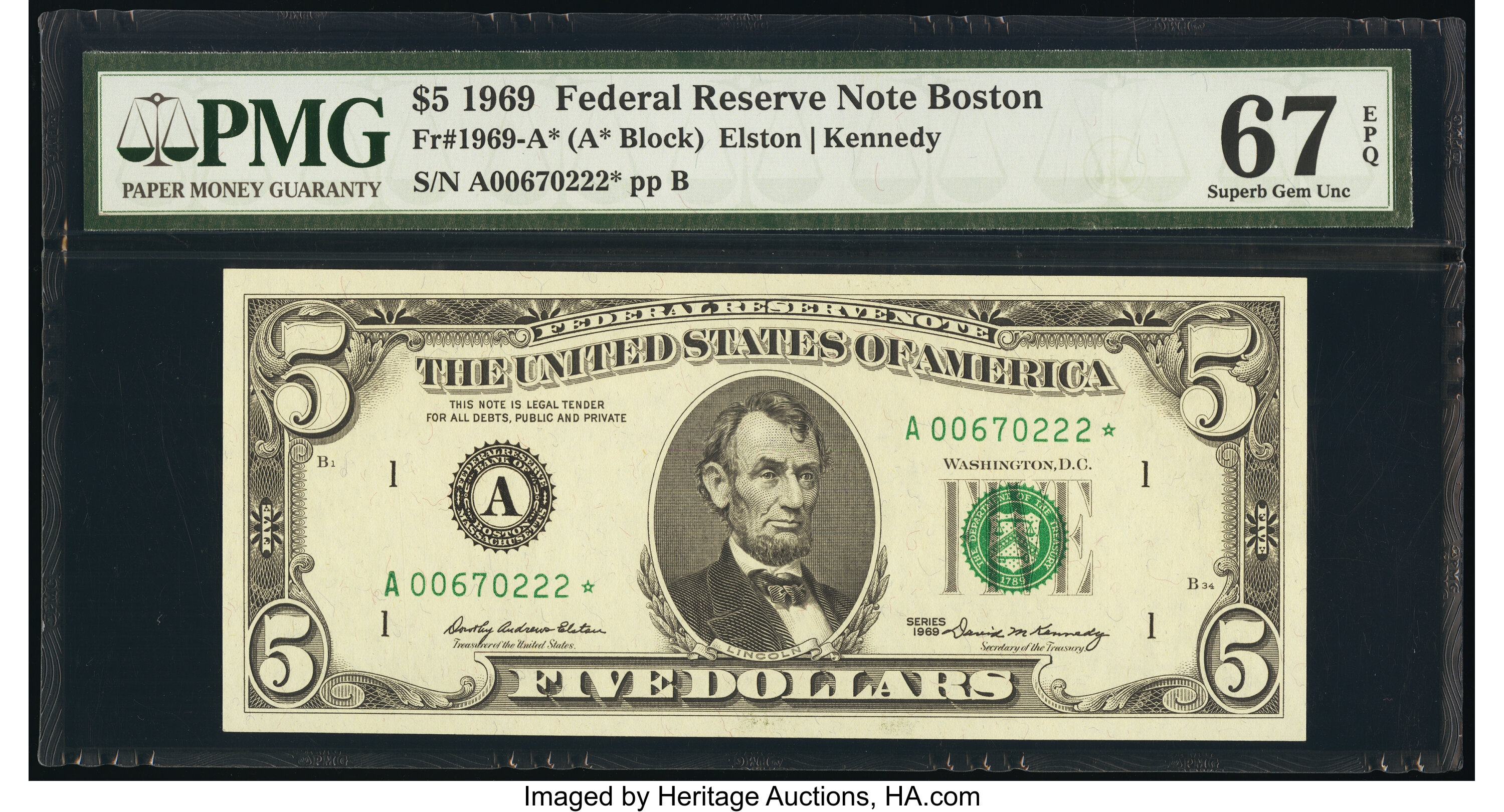 image for: Fr. 1969-A* $5 1969 Federal Reserve Star Note. PMG Superb Gem Unc 67 EPQ....