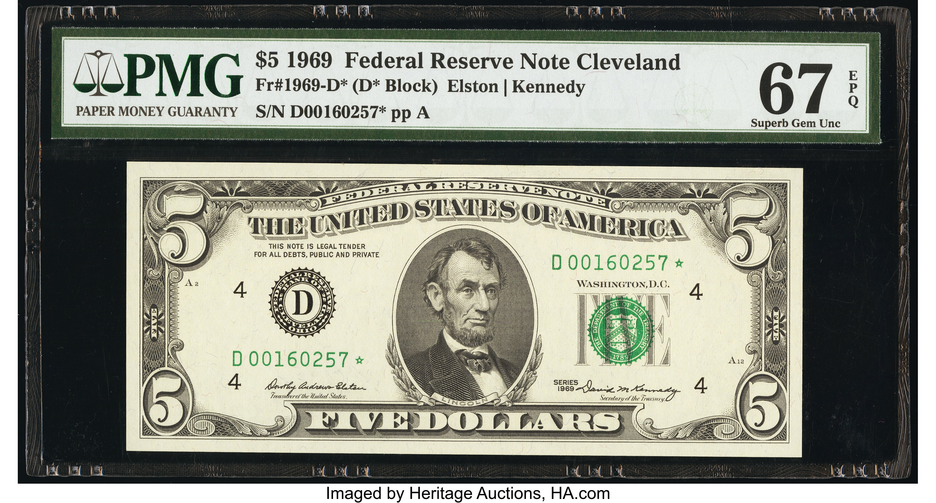 image for: Fr. 1969-D* $5 1969 Federal Reserve Star Note. PMG Superb Gem Unc 67 EPQ....
