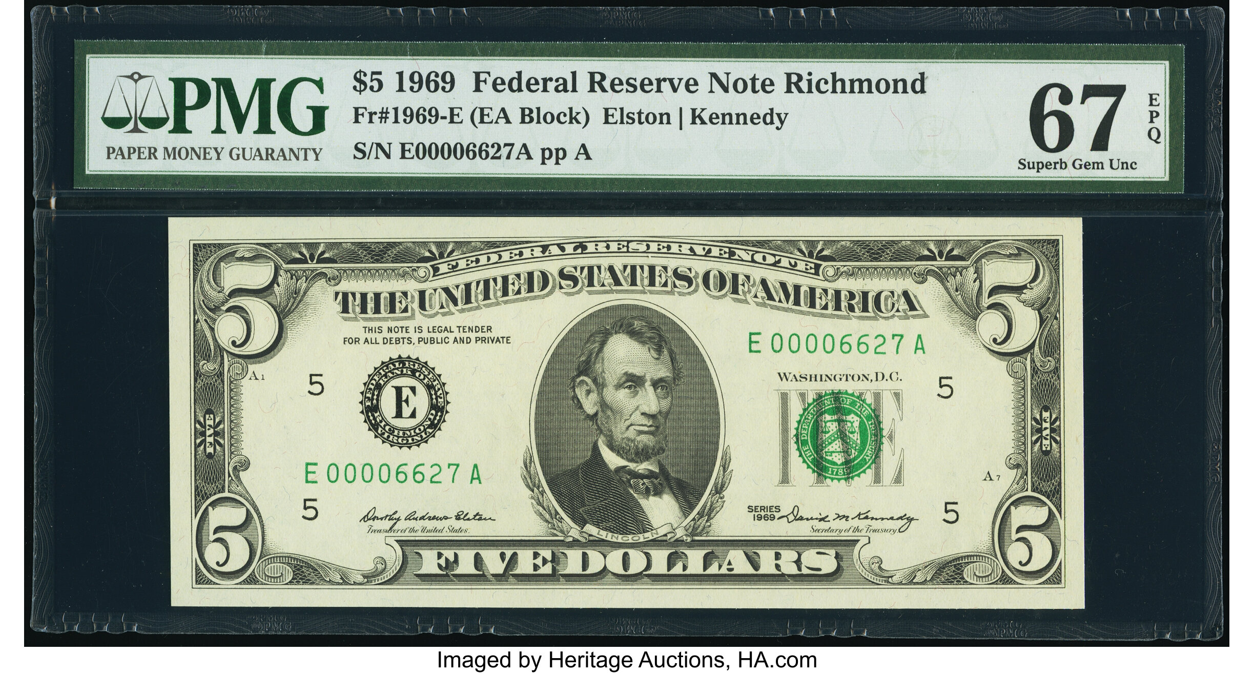 image for: Fr. 1969-E $5 1969 Federal Reserve Note. PMG Superb Gem Unc 67 EPQ....