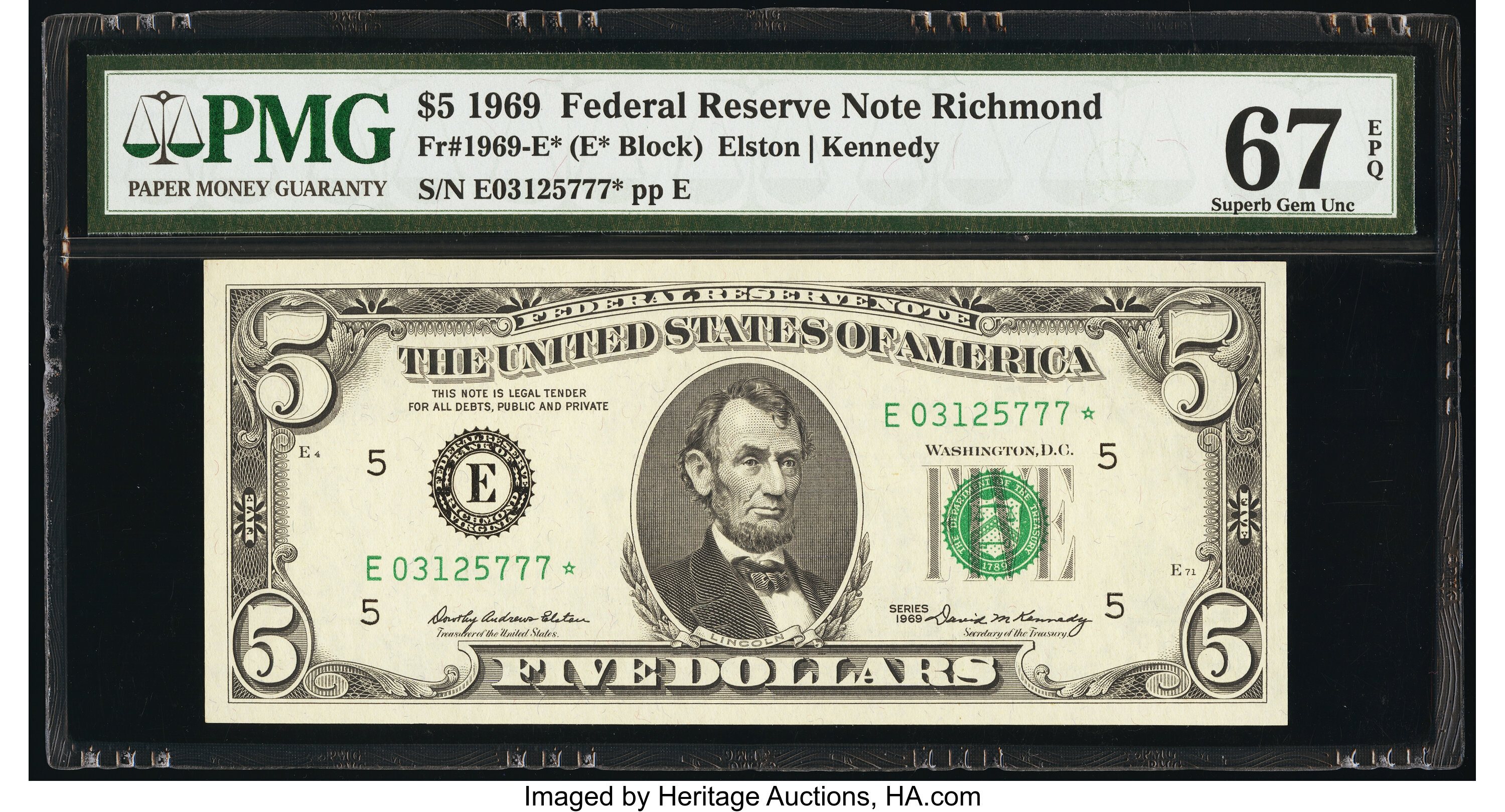 image for: Fr. 1969-E* $5 1969 Federal Reserve Star Note. PMG Superb Gem Unc 67 EPQ....