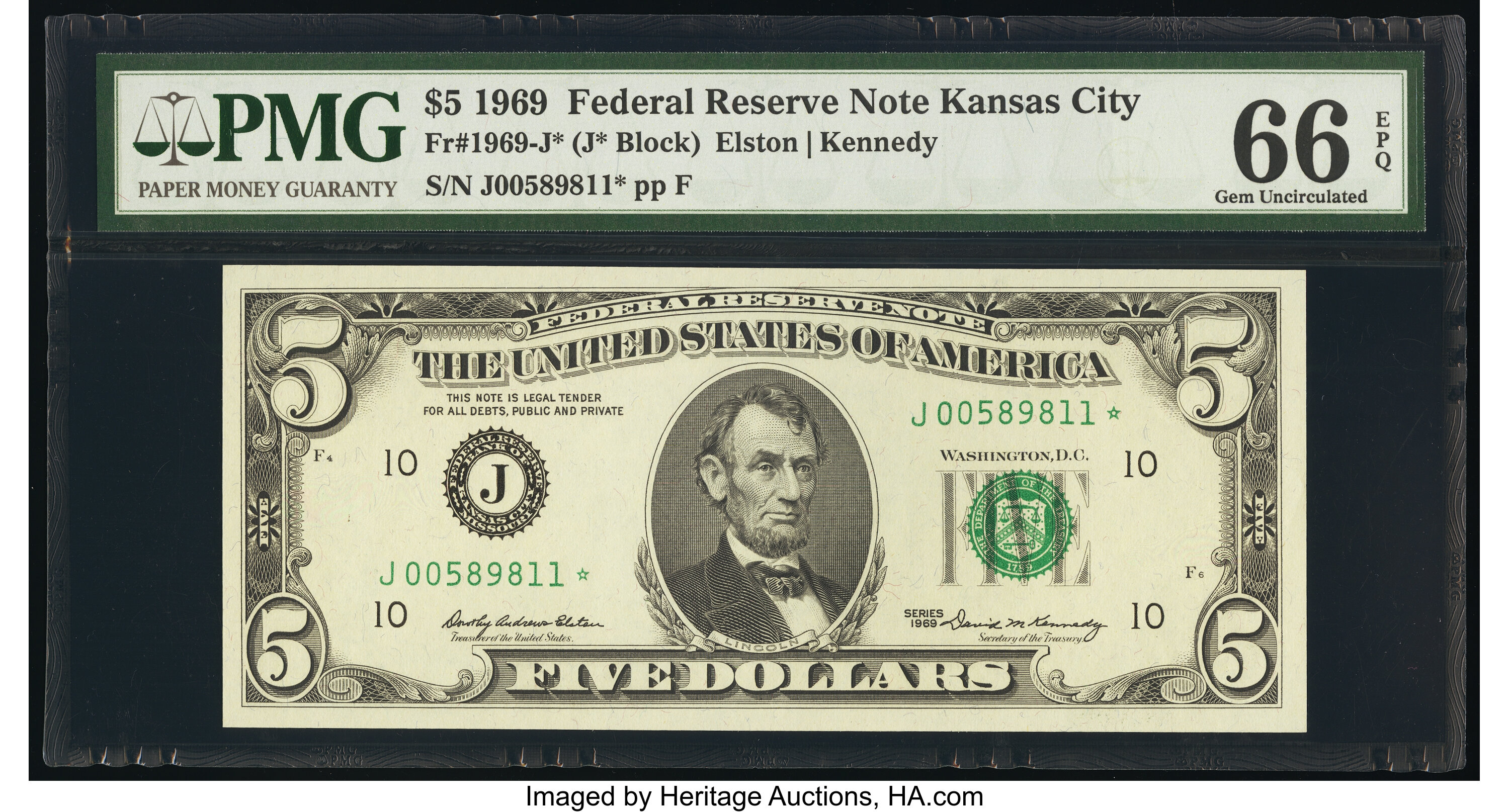 image for: Fr. 1969-J* $5 1969 Federal Reserve Star Note. PMG Gem Uncirculated 66 EPQ....