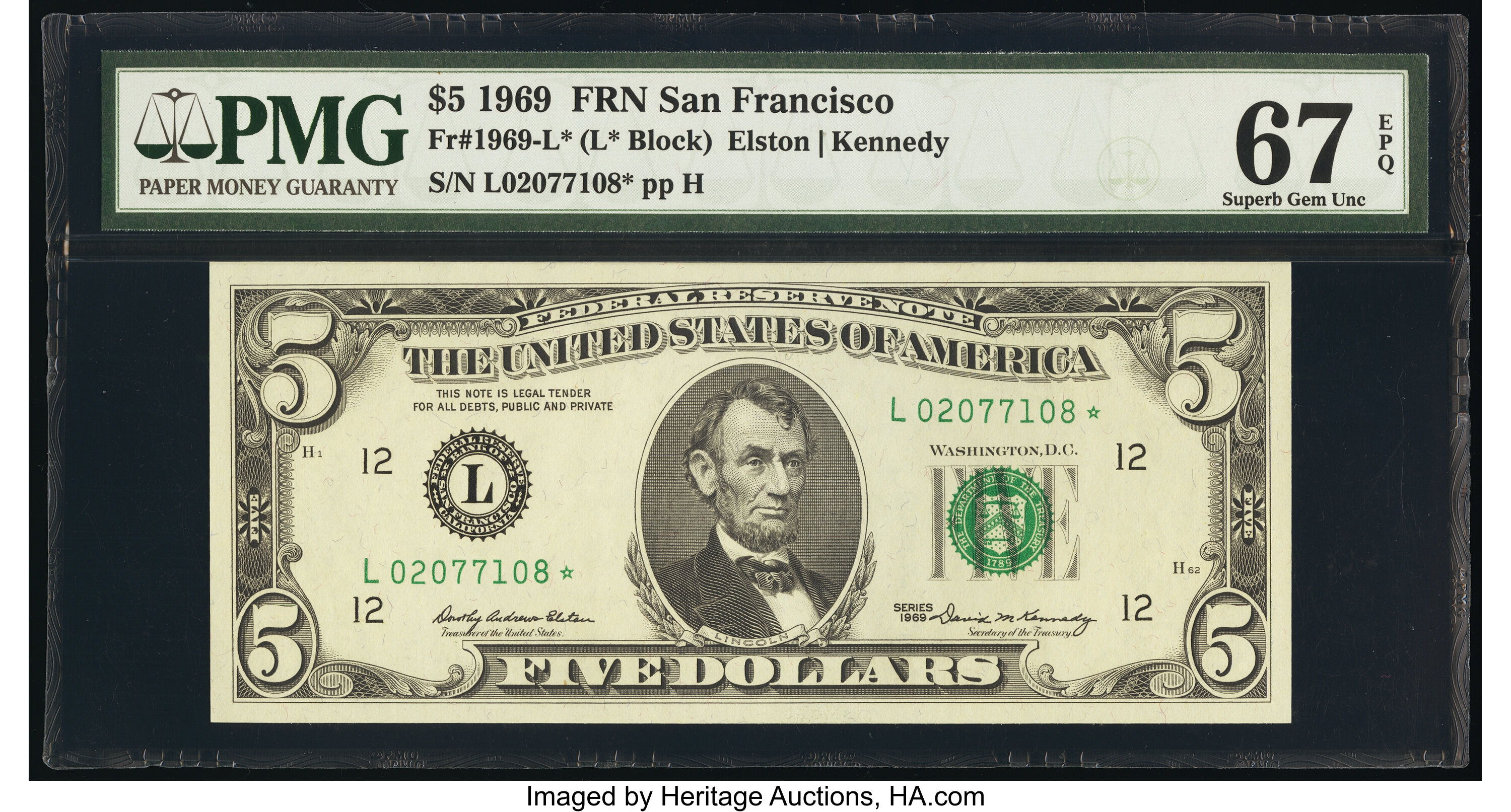 image for: Fr. 1969-L* $5 1969 Federal Reserve Star Note. PMG Superb Gem Unc 67 EPQ....