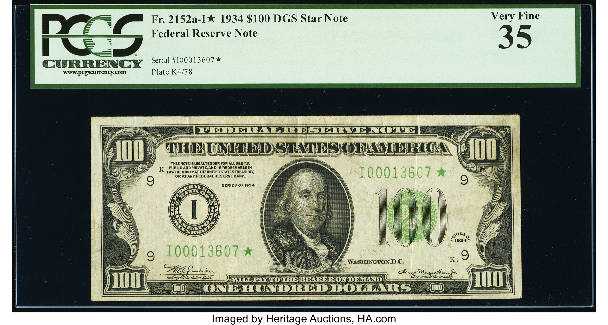 image for: Fr. 2152-I* $100 1934 Dark Green Seal Federal Reserve Star Note. PCGS Very Fine 35....