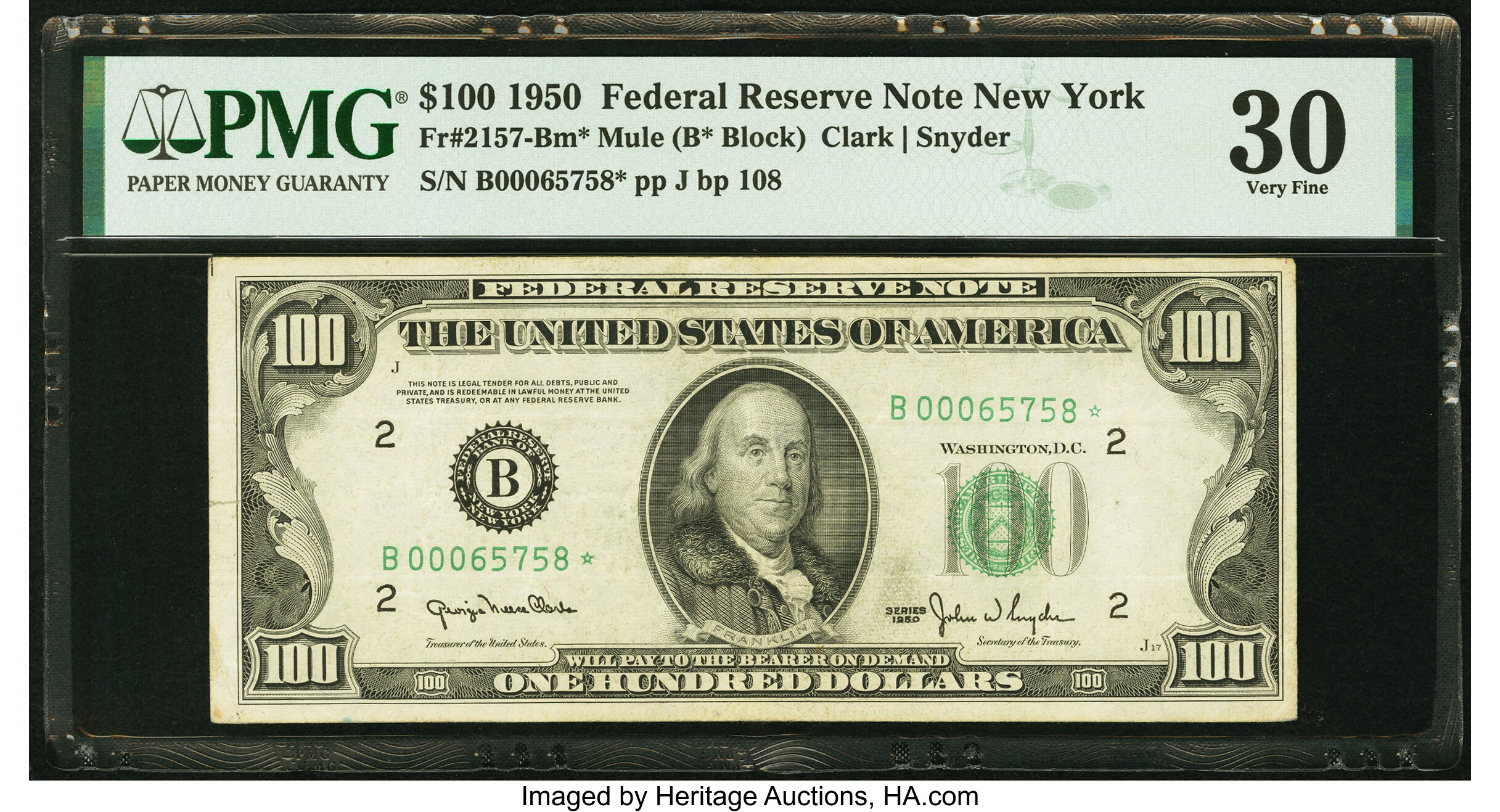 image for: Fr. 2157-B* $100 1950 Mule Federal Reserve Star Note. PMG Very Fine 30....