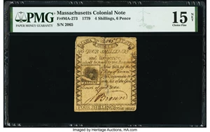 image for: Massachusetts 1779 4s 6d PMG Choice Fine 15 Net....