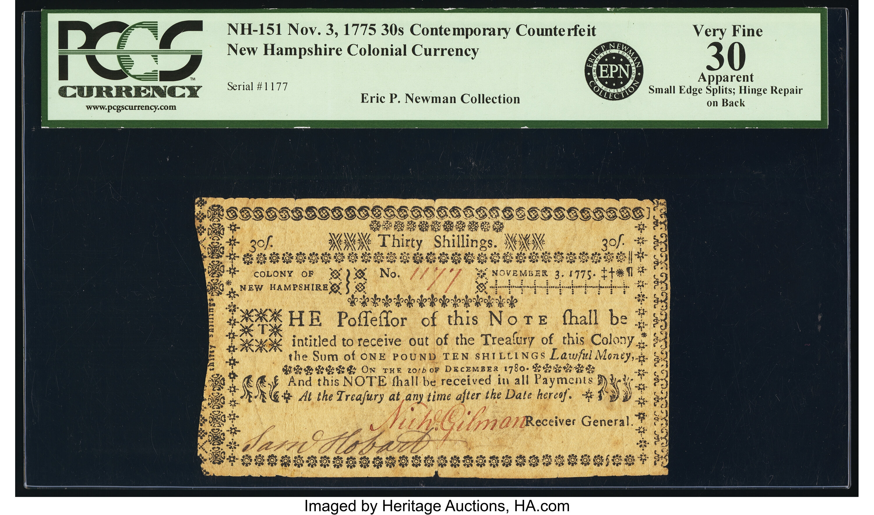 image for: New Hampshire November 3, 1775 30s Contemporary Counterfeit PCGS Apparent Very Fine 30....