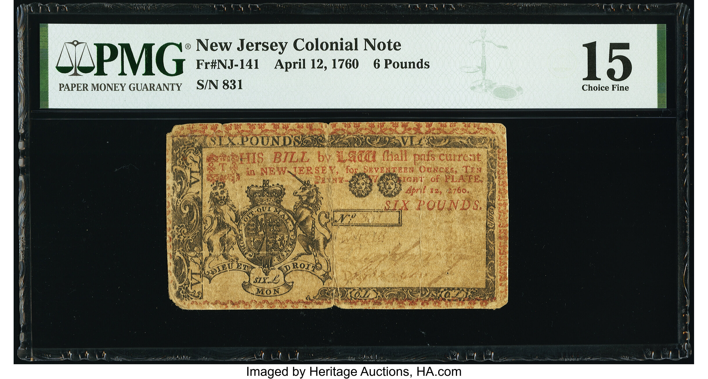 image for: New Jersey April 12, 1760 £6 PMG Choice Fine 15....