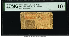 image for: New Jersey April 16, 1764 £3 PMG Very Good 10 Net....