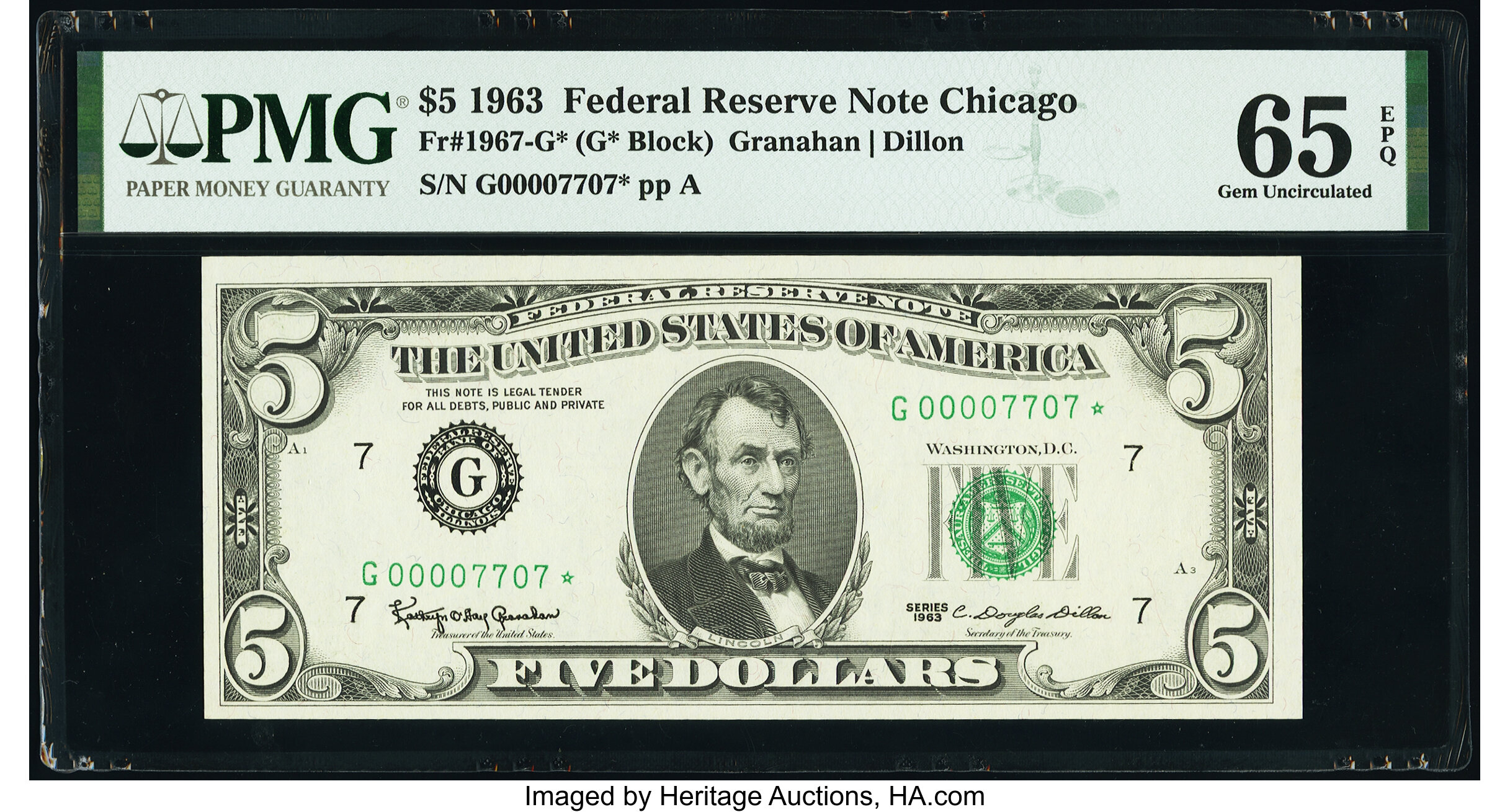image for: Low Serial Number 7707 Fr. 1967-G* $5 1963 Federal Reserve Star Note. PMG Gem Uncirculated 65 EPQ....