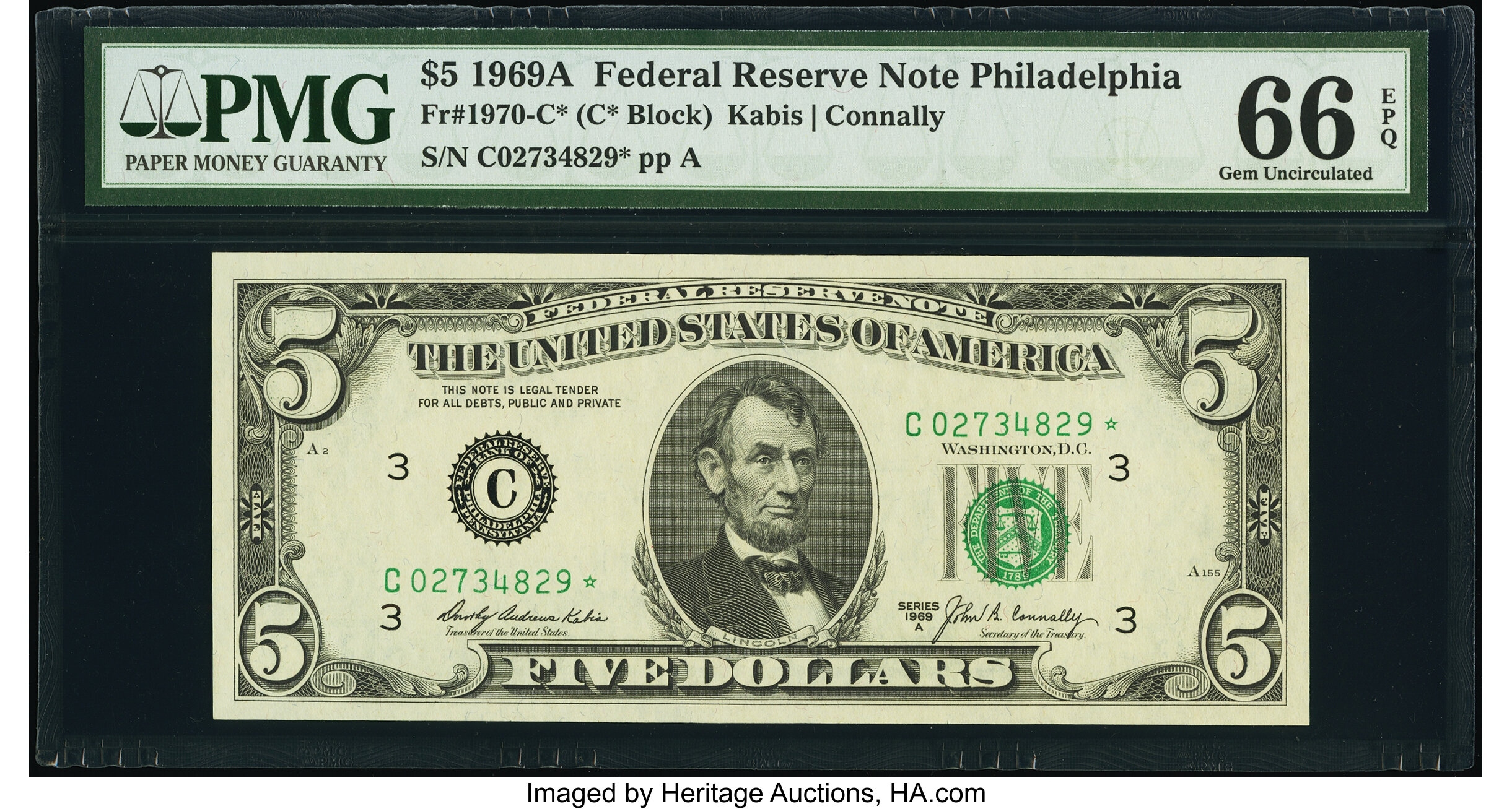 image for: Fr. 1970-C* $5 1969A Federal Reserve Star Note. PMG Gem Uncirculated 66 EPQ....