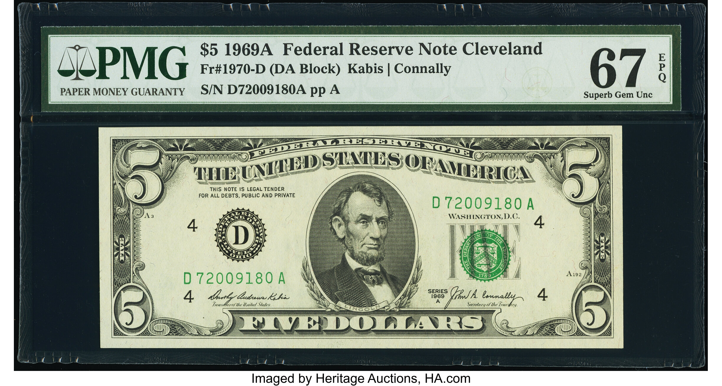 image for: Fr. 1970-D $5 1969A Federal Reserve Note. PMG Superb Gem Unc 67 EPQ....