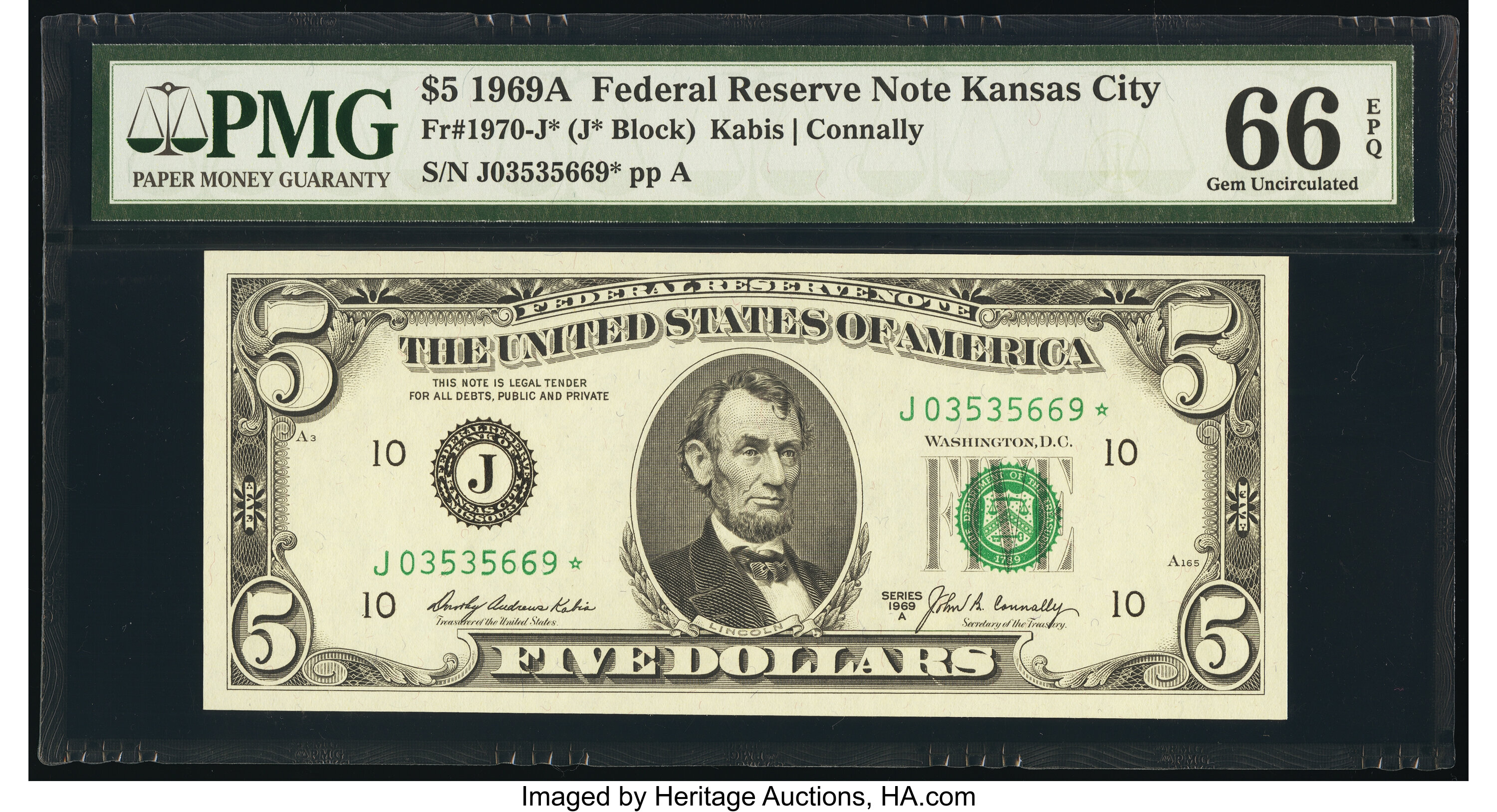 image for: Fr. 1970-J* $5 1969A Federal Reserve Star Note. PMG Gem Uncirculated 66 EPQ....