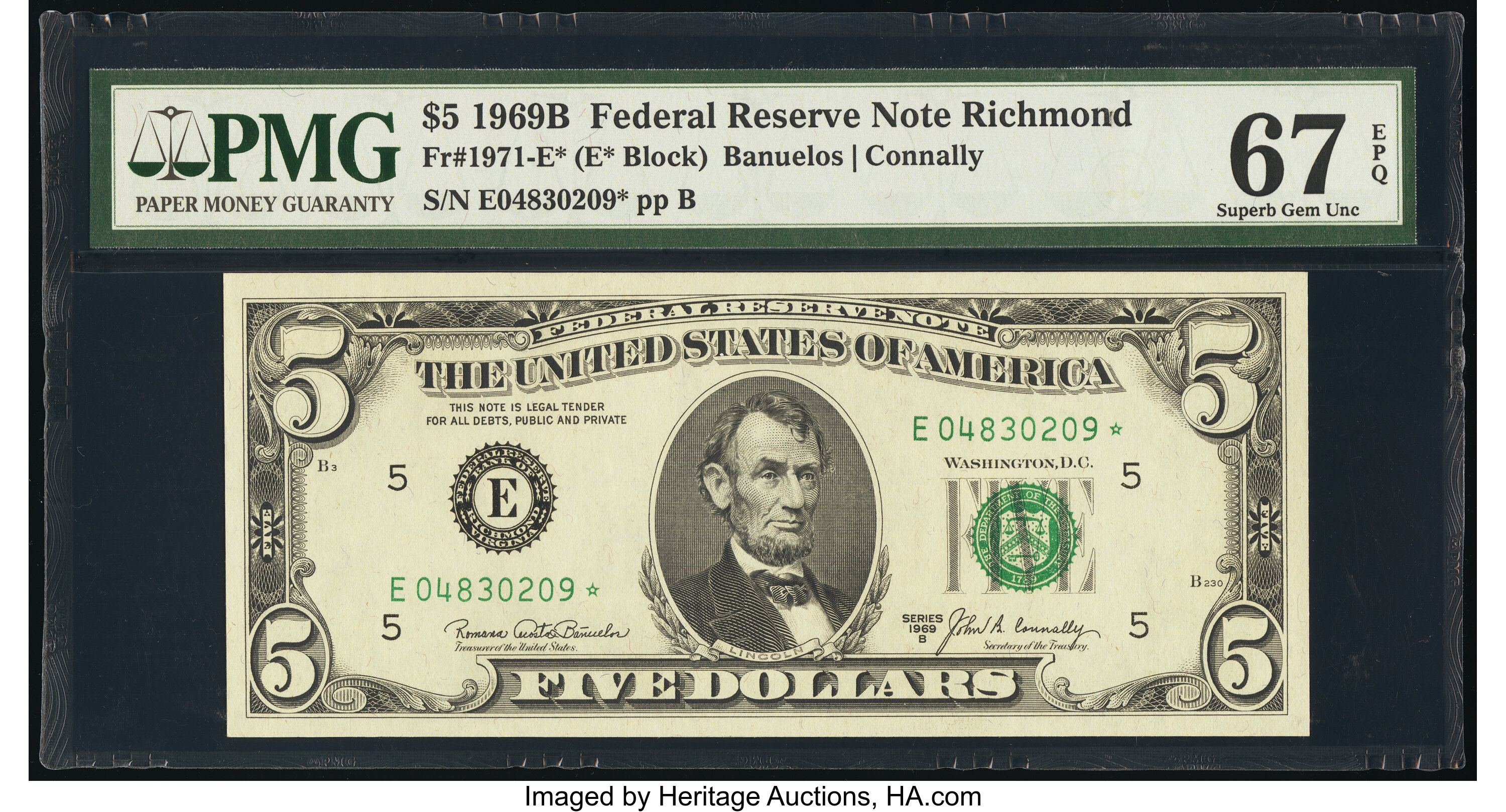 image for: Fr. 1971-E* $5 1969B Federal Reserve Star Note. PMG Superb Gem Unc 67 EPQ....
