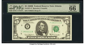 image for: Fr. 1971-F $5 1969B Federal Reserve Note. PMG Gem Uncirculated 66 EPQ....