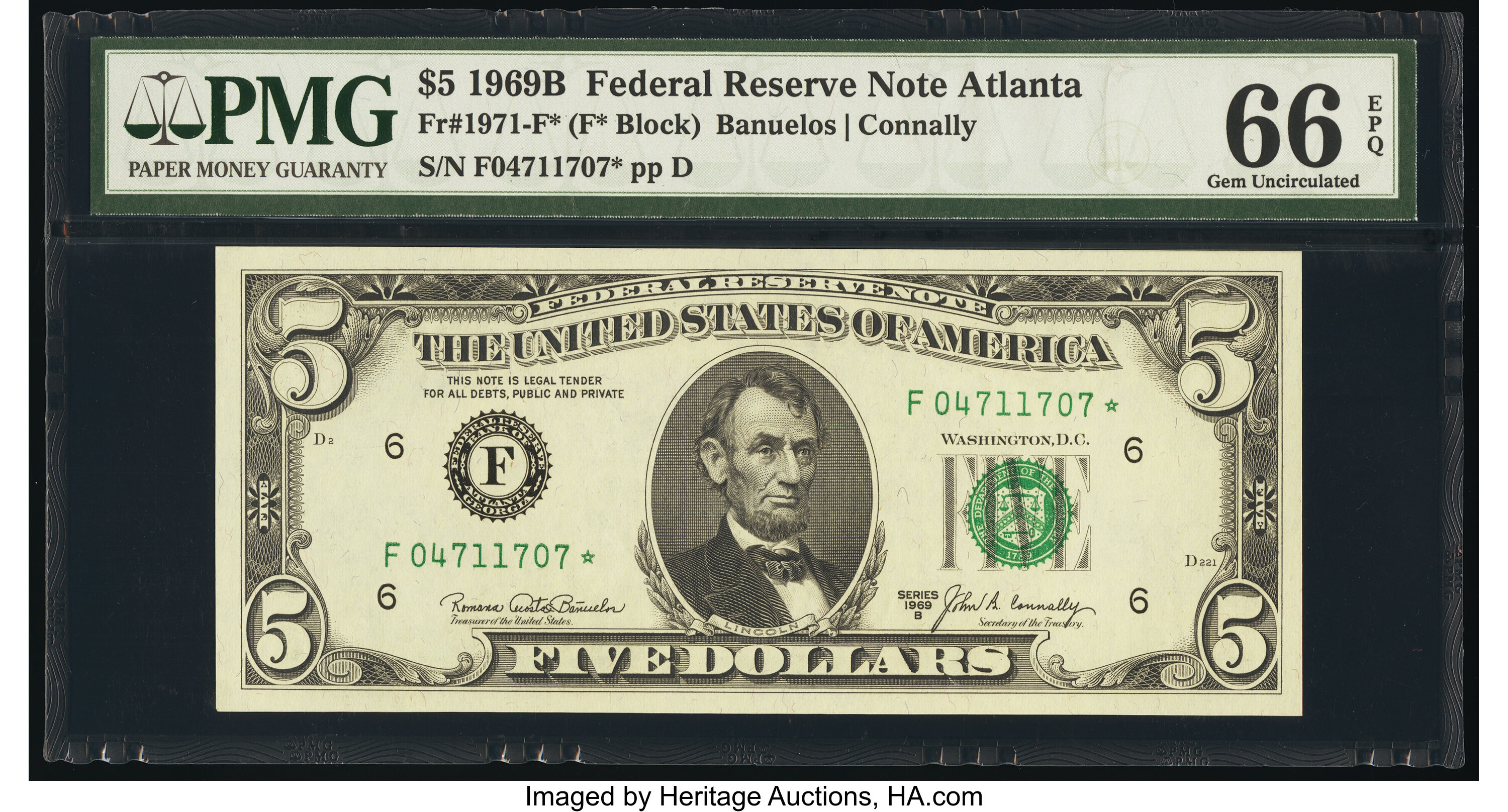 image for: Fr. 1971-F* $5 1969B Federal Reserve Star Note. PMG Gem Uncirculated 66 EPQ....