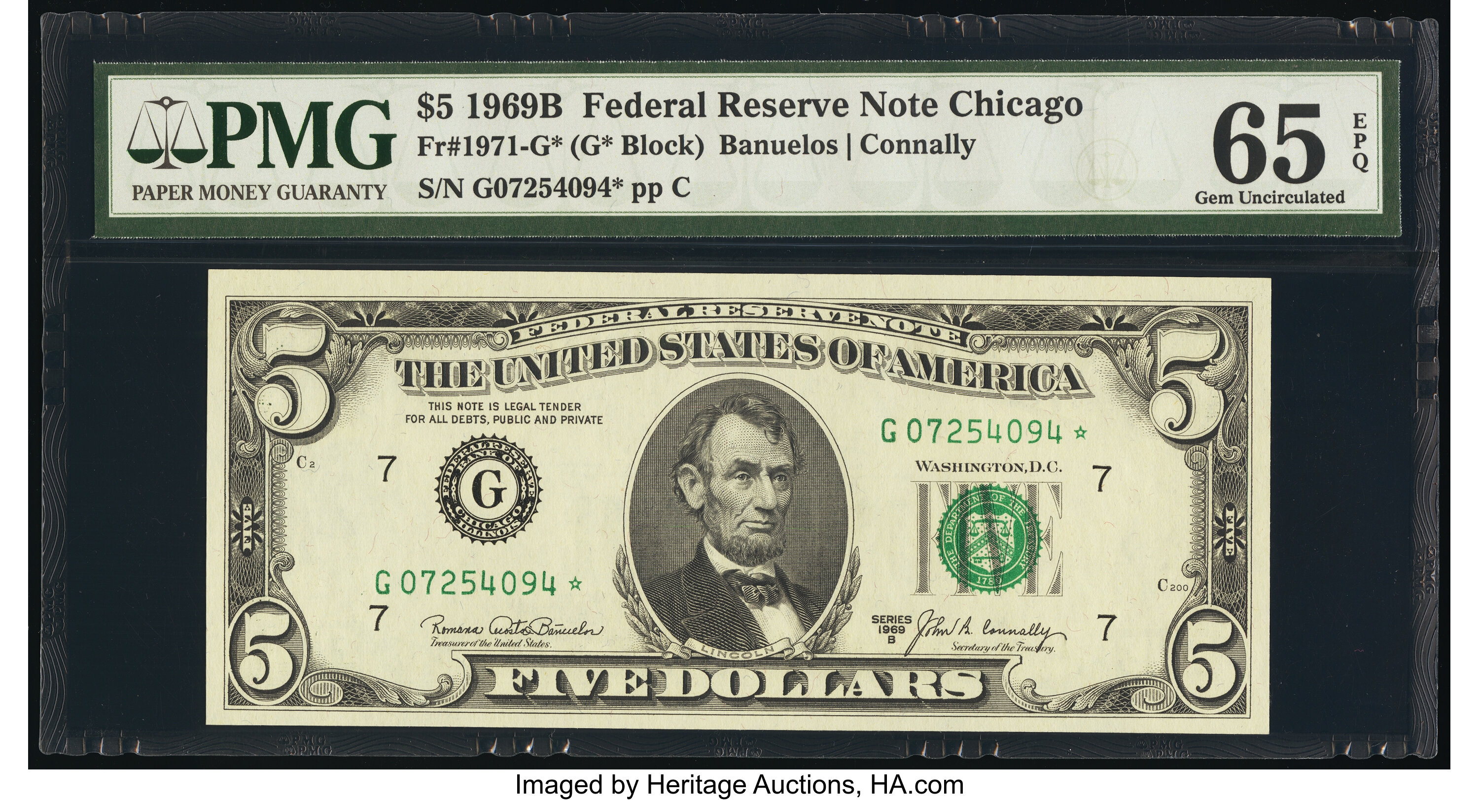 image for: Fr. 1971-G* $5 1969B Federal Reserve Star Note. PMG Gem Uncirculated 65 EPQ....
