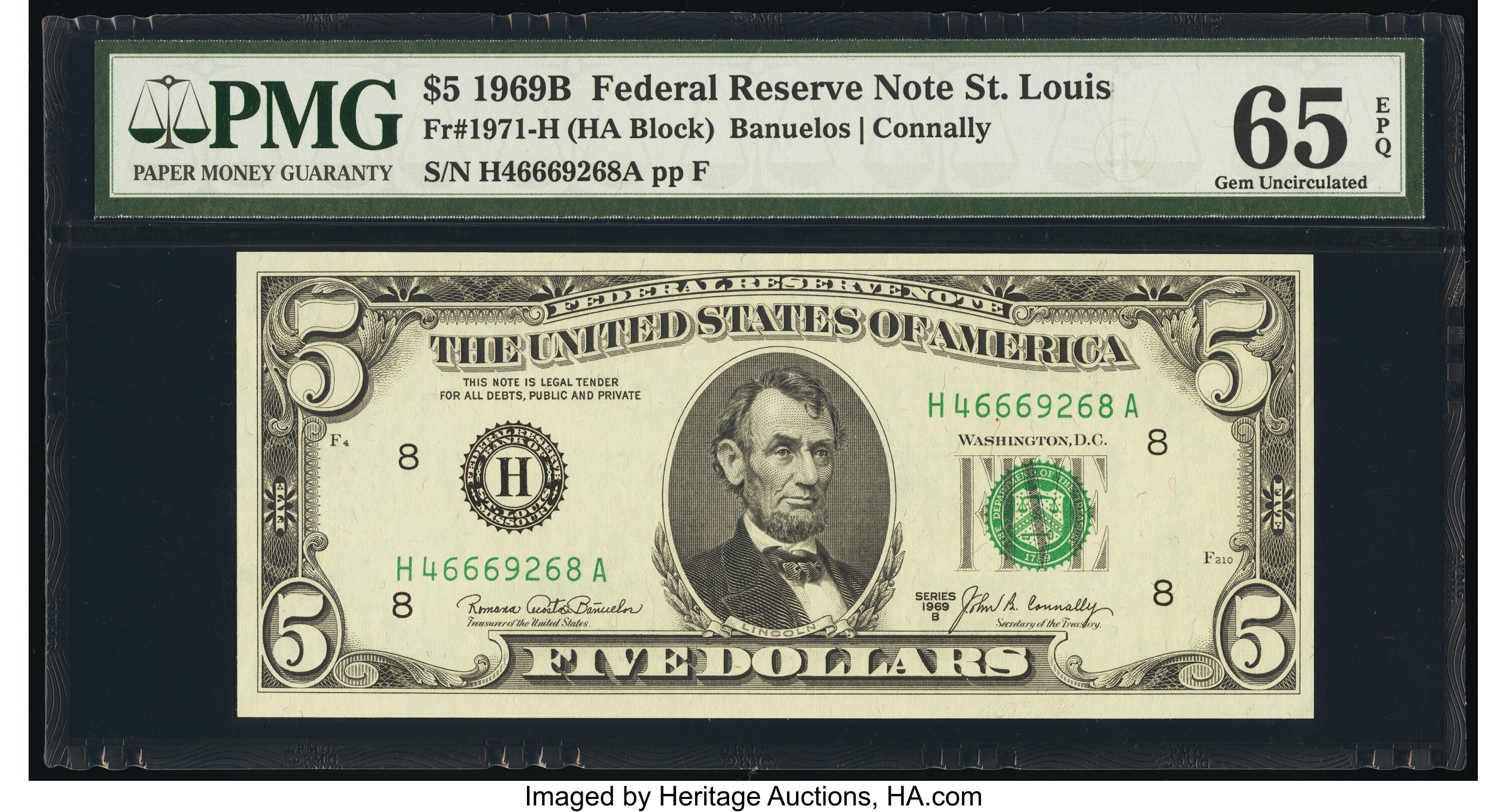 image for: Fr. 1971-H $5 1969B Federal Reserve Note. PMG Gem Uncirculated 65 EPQ....