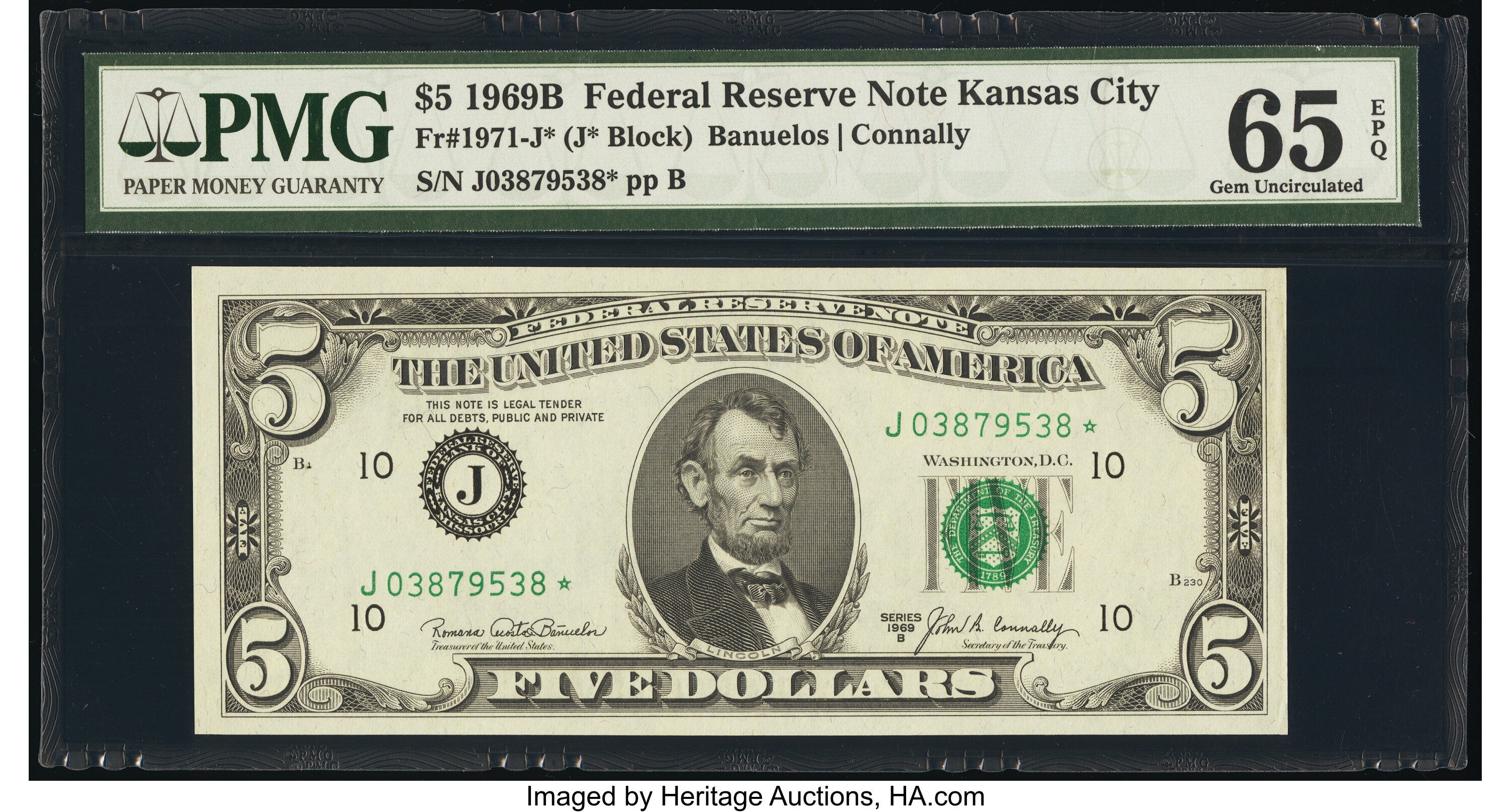 image for: Fr. 1971-J* $5 1969B Federal Reserve Star Note. PMG Gem Uncirculated 65 EPQ....