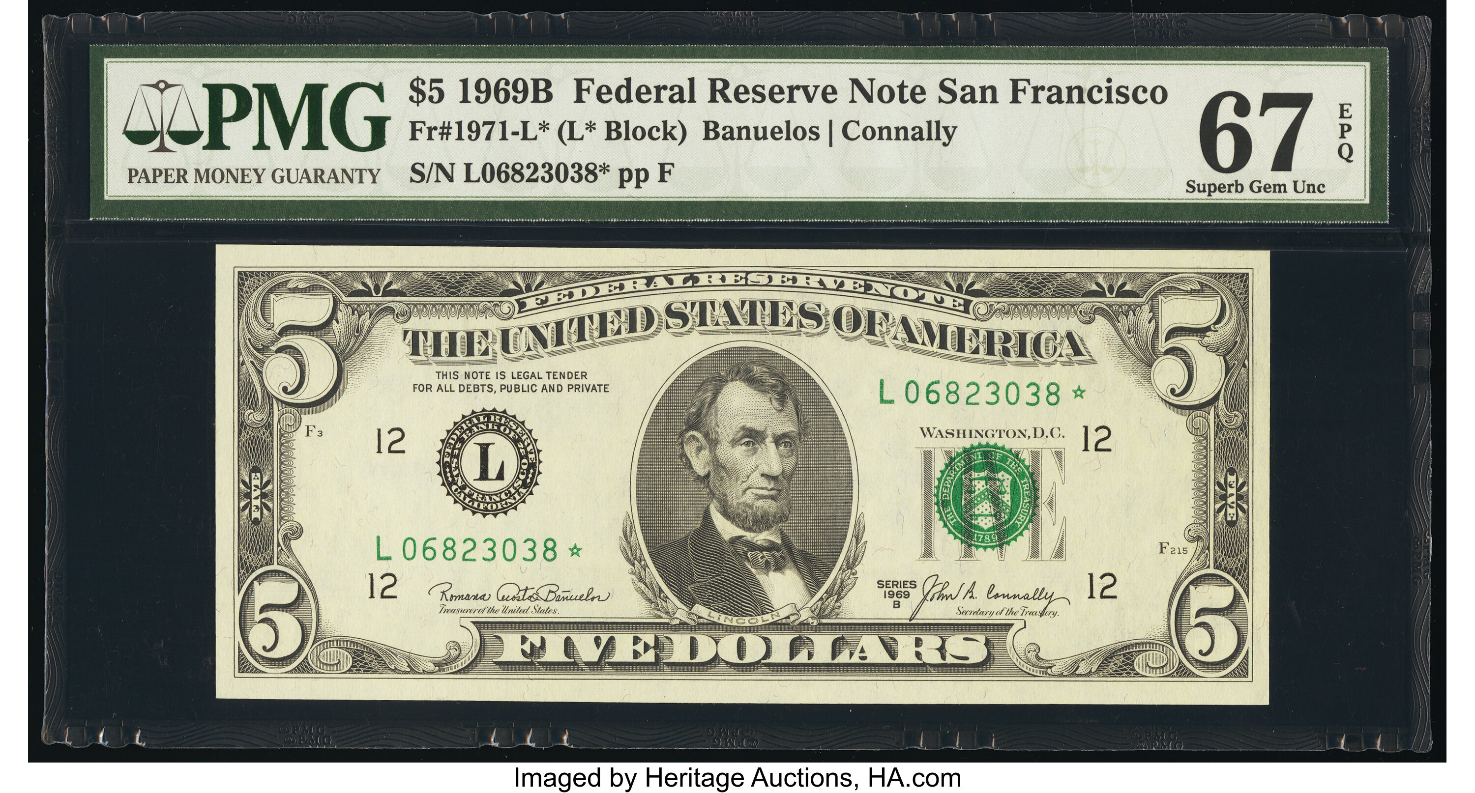 image for: Fr. 1971-L* $5 1969B Federal Reserve Star Note. PMG Superb Gem Unc 67 EPQ....