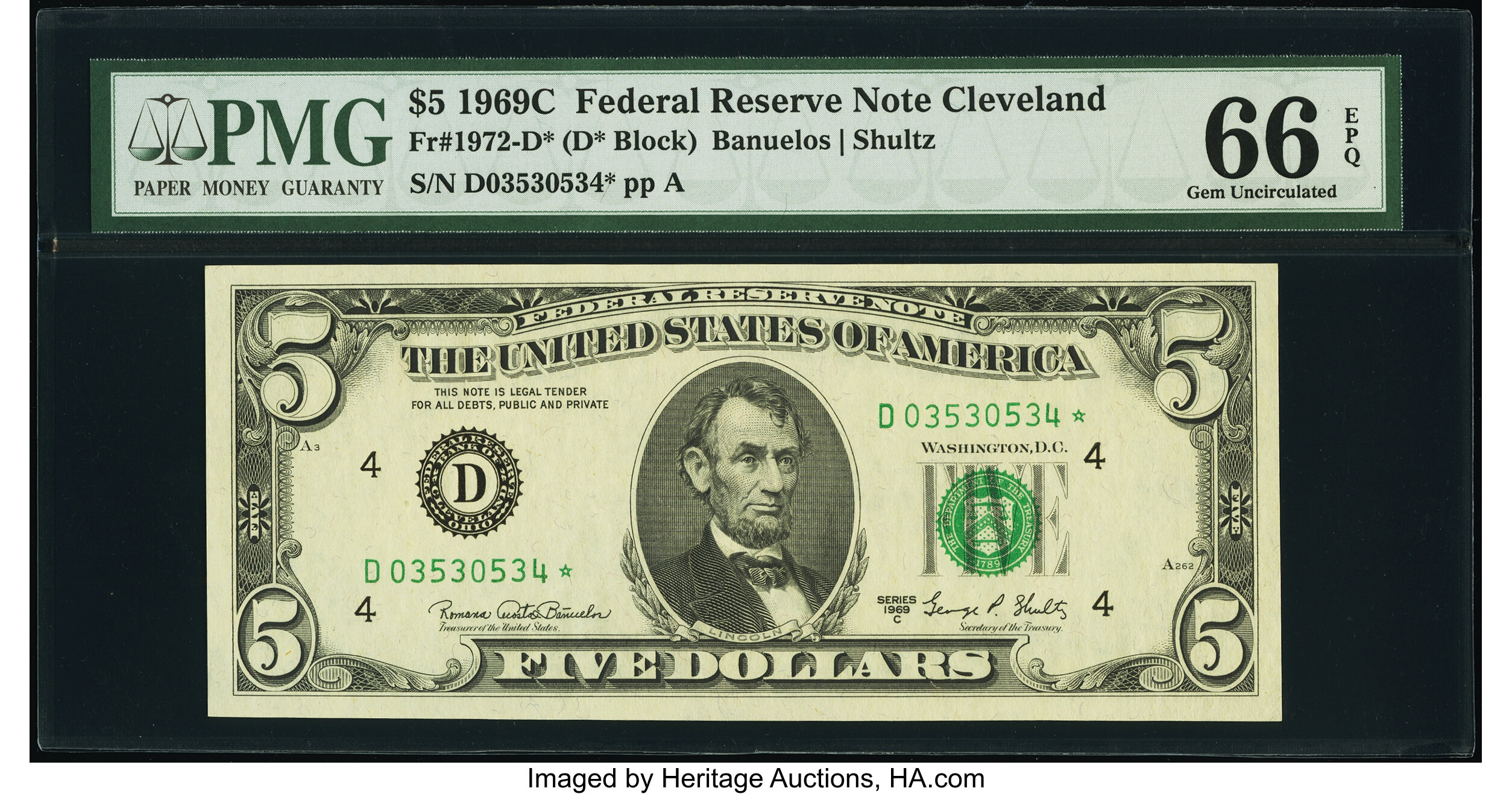 image for: Fr. 1972-D* $5 1969C Federal Reserve Star Note. PMG Gem Uncirculated 66 EPQ....
