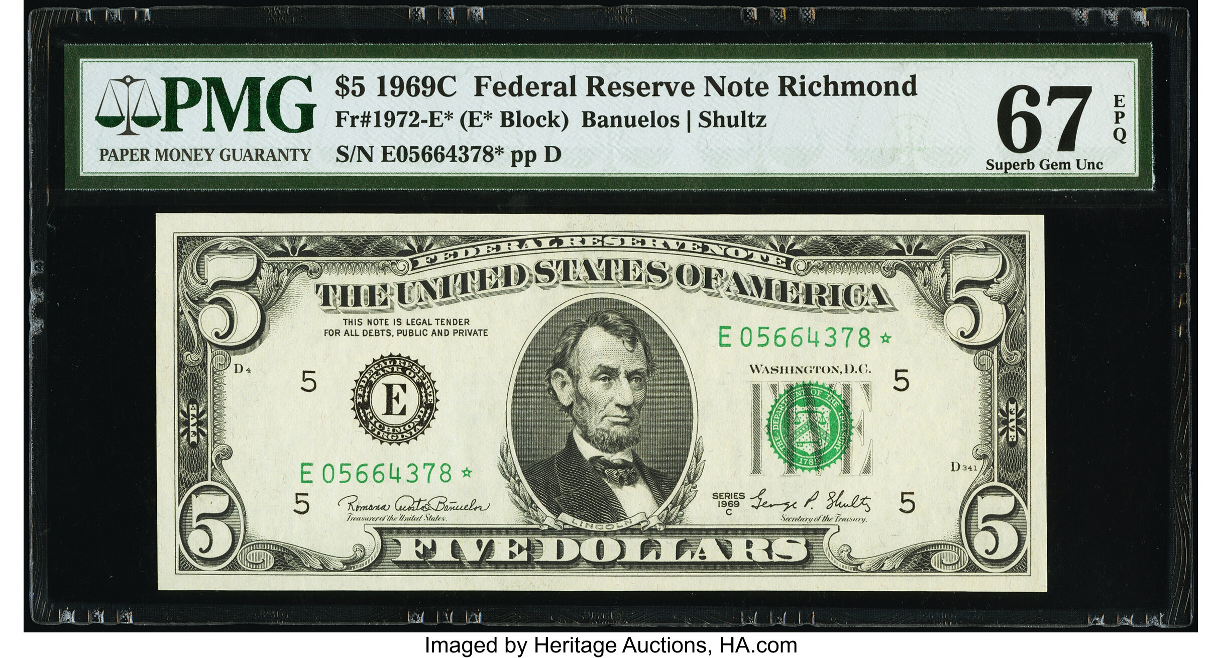 image for: Fr. 1972-E* $5 1969C Federal Reserve Star Note. PMG Superb Gem Unc 67 EPQ....